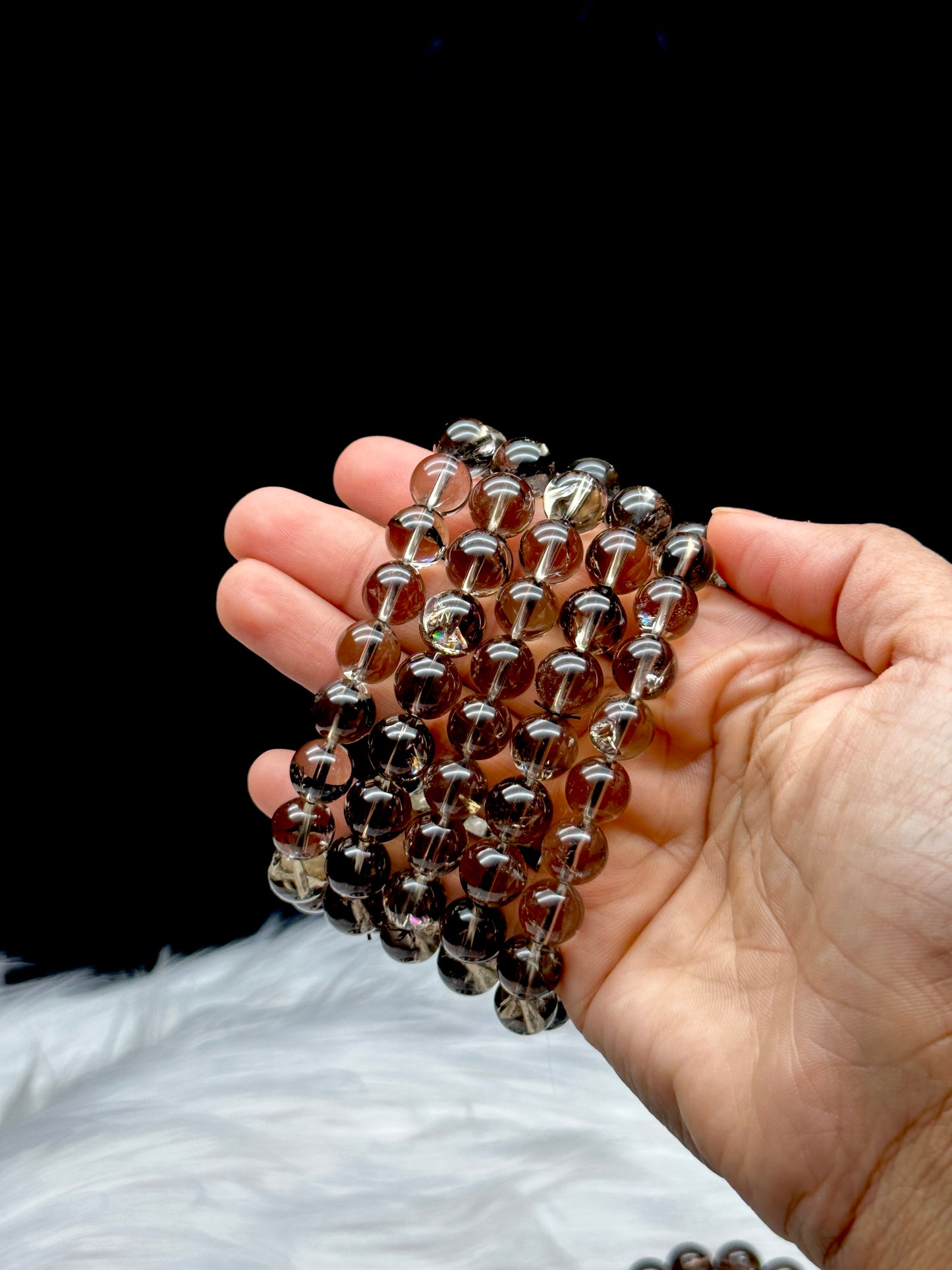 High-Quality 10mm Smoky Quartz Crystal Bracelet - Rainbow Filled & Stretchable Cord - Healing Energy Jewelry