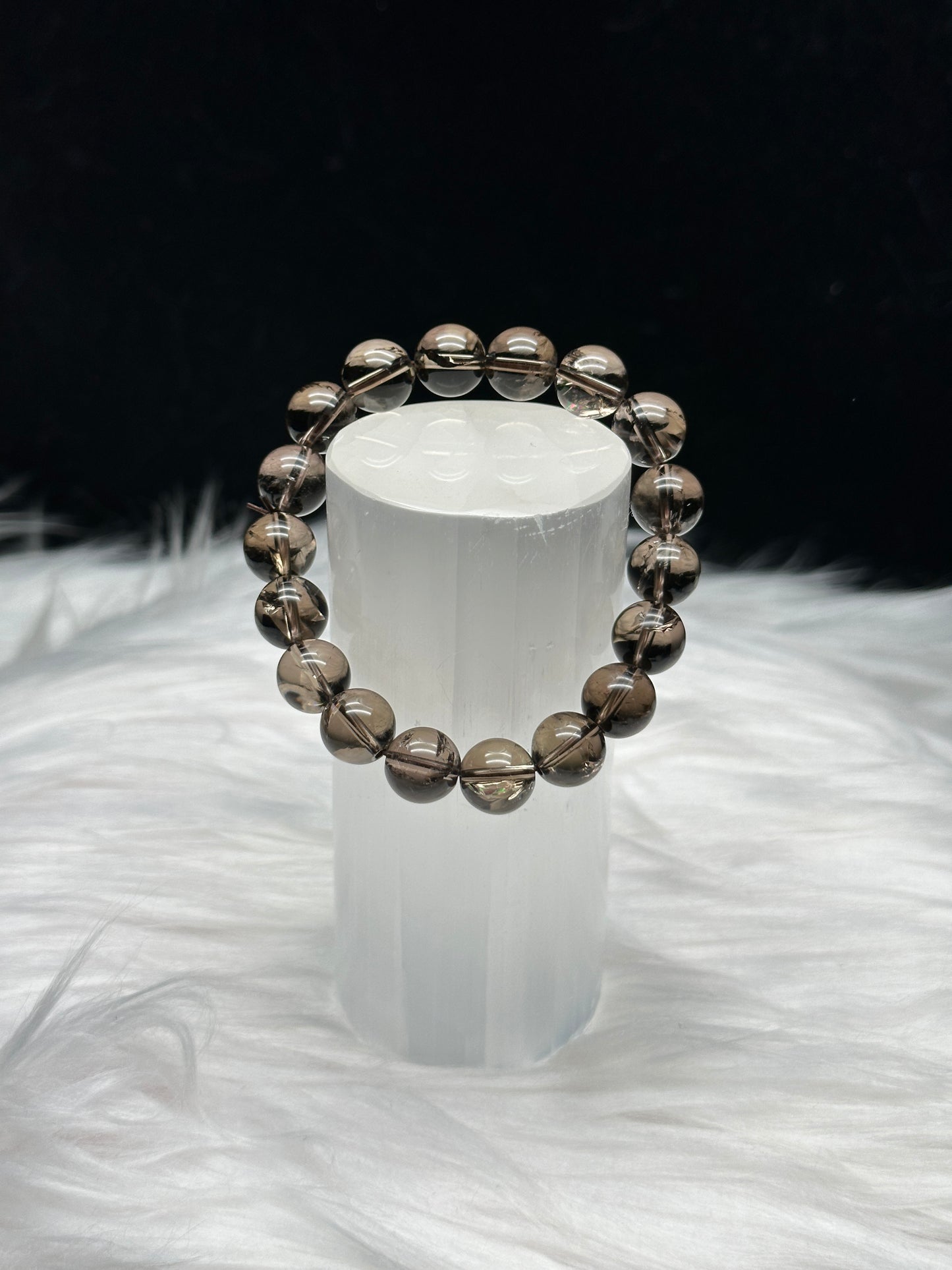 High-Quality 10mm Smoky Quartz Crystal Bracelet - Rainbow Filled & Stretchable Cord - Healing Energy Jewelry