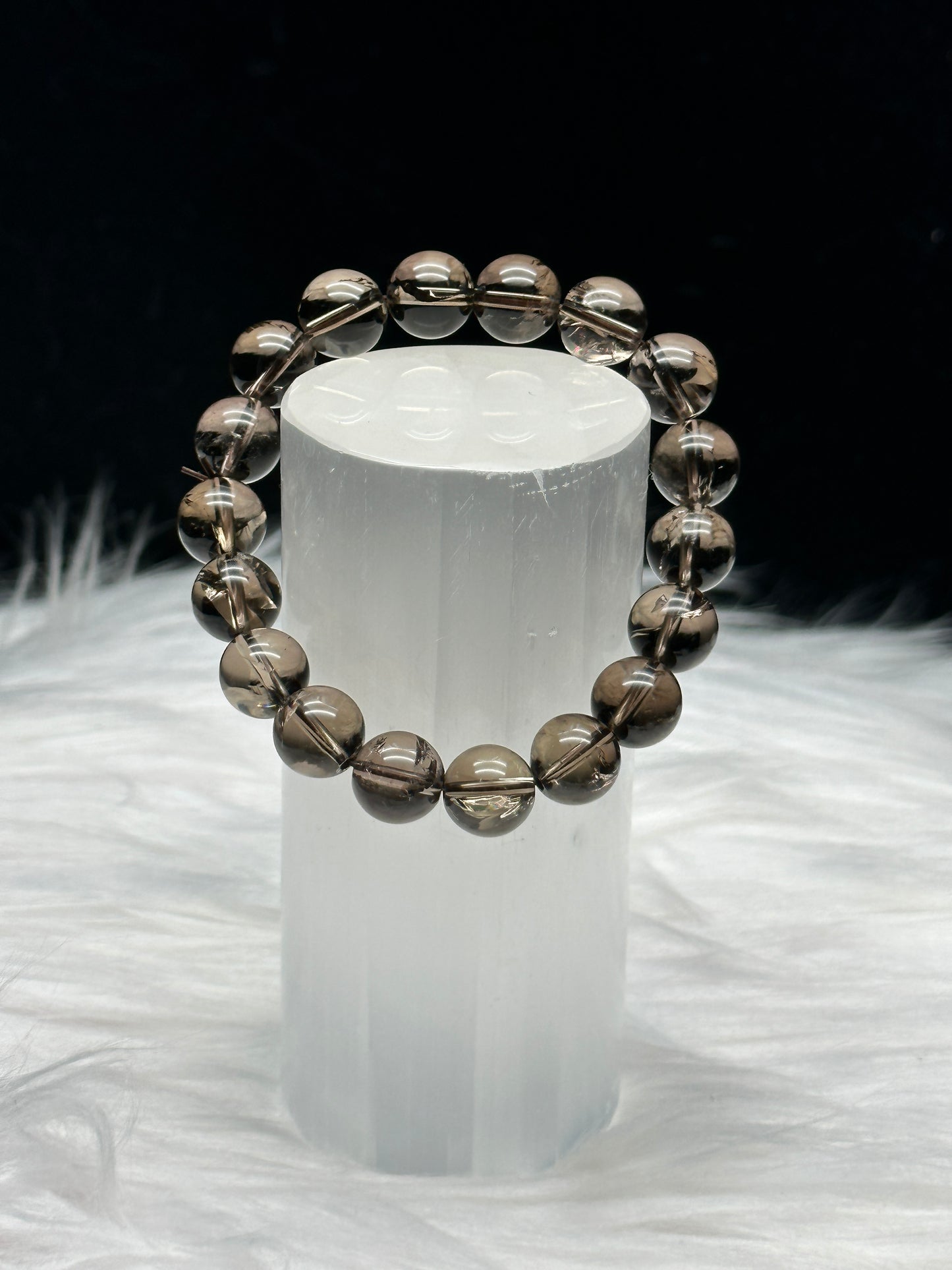 High-Quality 10mm Smoky Quartz Crystal Bracelet - Rainbow Filled & Stretchable Cord - Healing Energy Jewelry