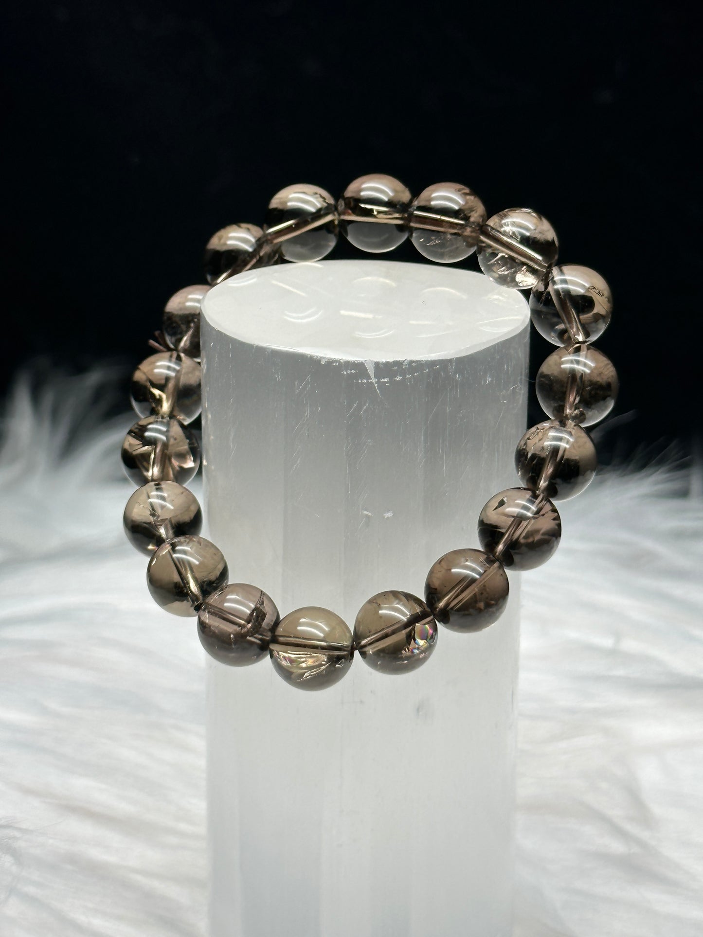 High-Quality 10mm Smoky Quartz Crystal Bracelet - Rainbow Filled & Stretchable Cord - Healing Energy Jewelry