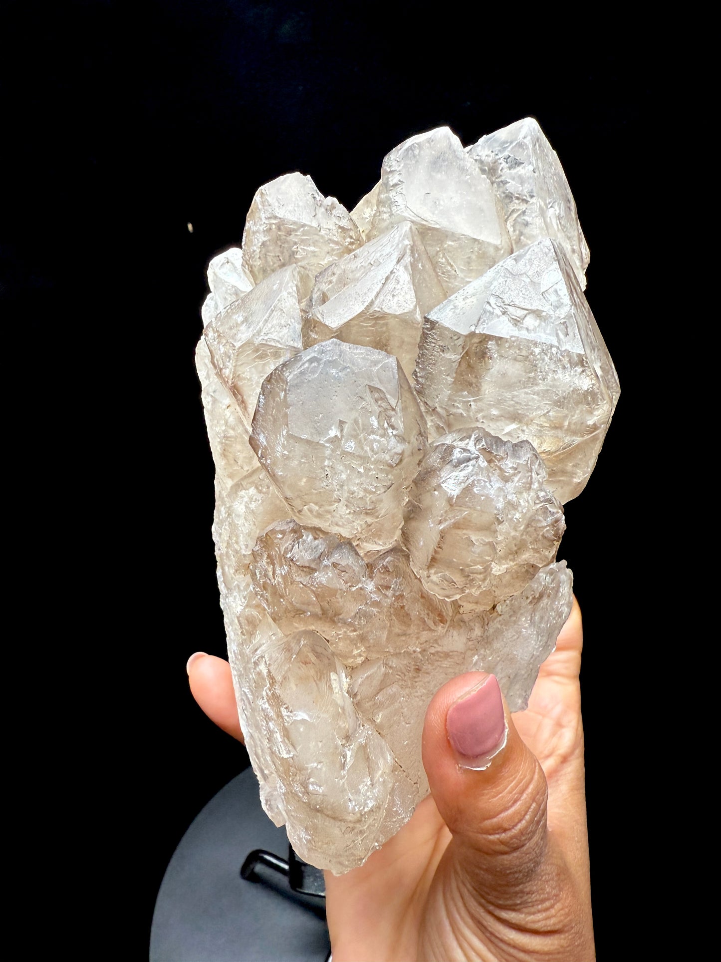 High Quality Large Elestial Smoky Quartz Cluster Specimen on Stand – 7.9 Inches Tall