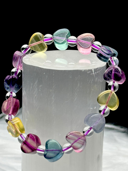 Rainbow Fluorite Crystal Heart Bracelet - Embrace the Healing Spectrum of Energy