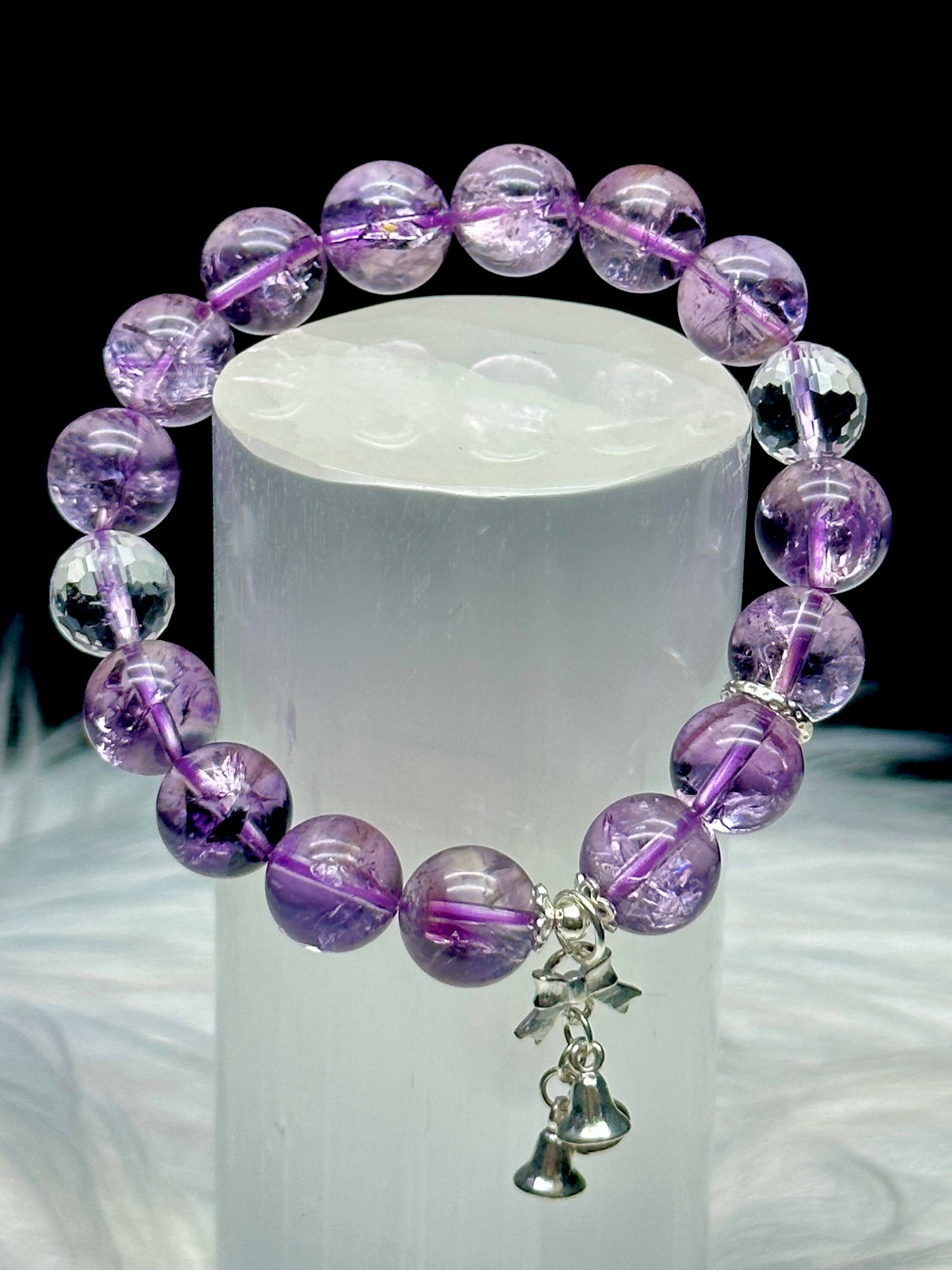 High-Quality Amethyst and Clear Quartz with S925 Sterling Silver Charms - 10mm bead Size