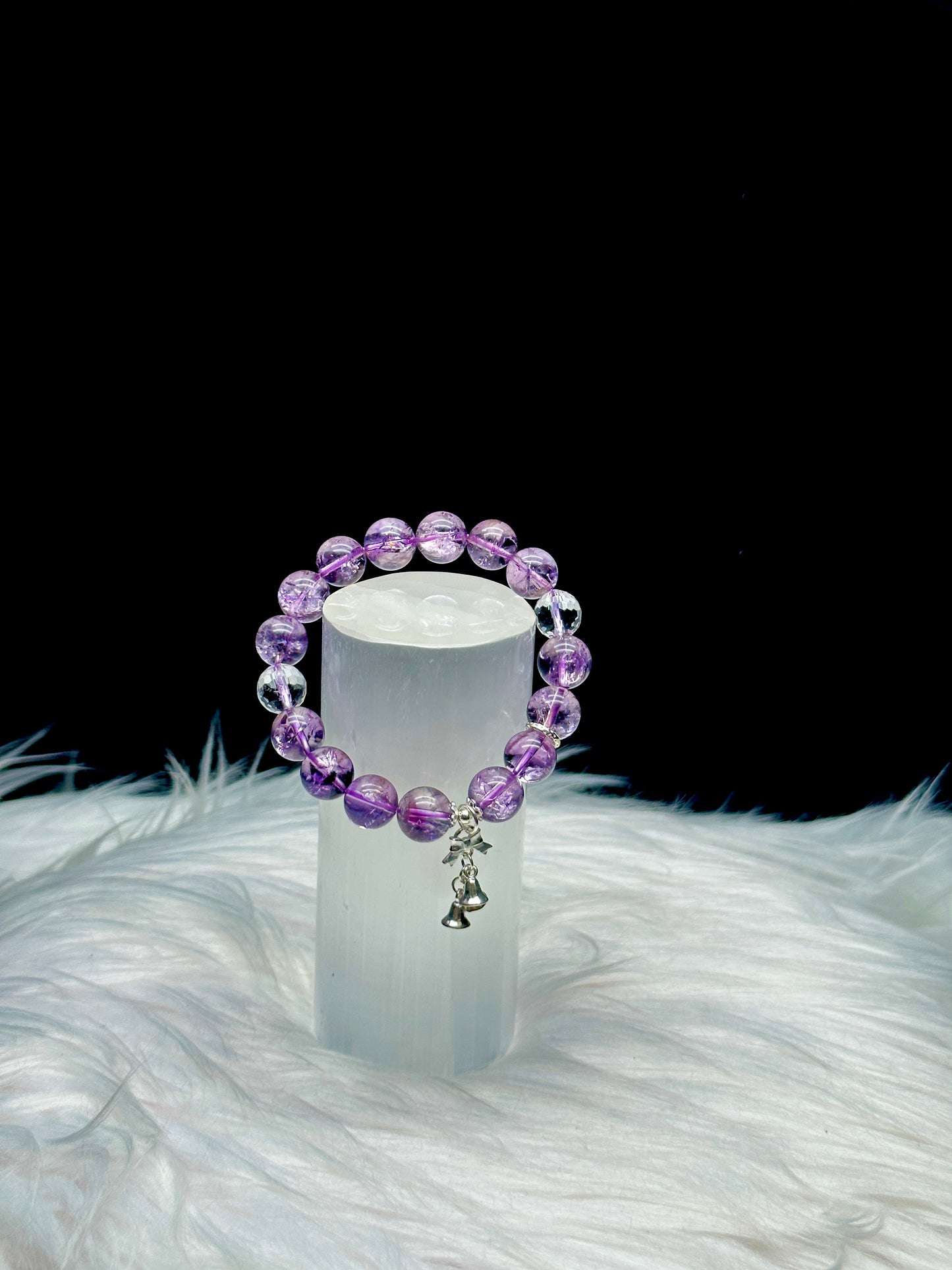 High-Quality Amethyst and Clear Quartz with S925 Sterling Silver Charms - 10mm bead Size