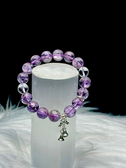 High-Quality Amethyst and Clear Quartz with S925 Sterling Silver Charms - 10mm bead Size