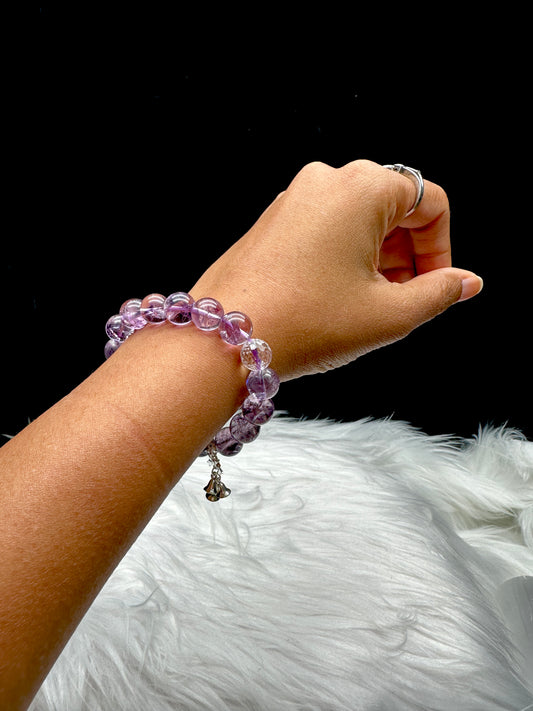 High-Quality Amethyst and Clear Quartz with S925 Sterling Silver Charms - 10mm bead Size