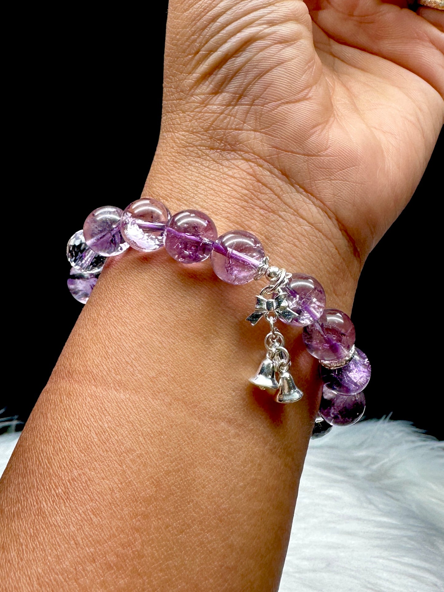 High-Quality Amethyst and Clear Quartz with S925 Sterling Silver Charms - 10mm bead Size