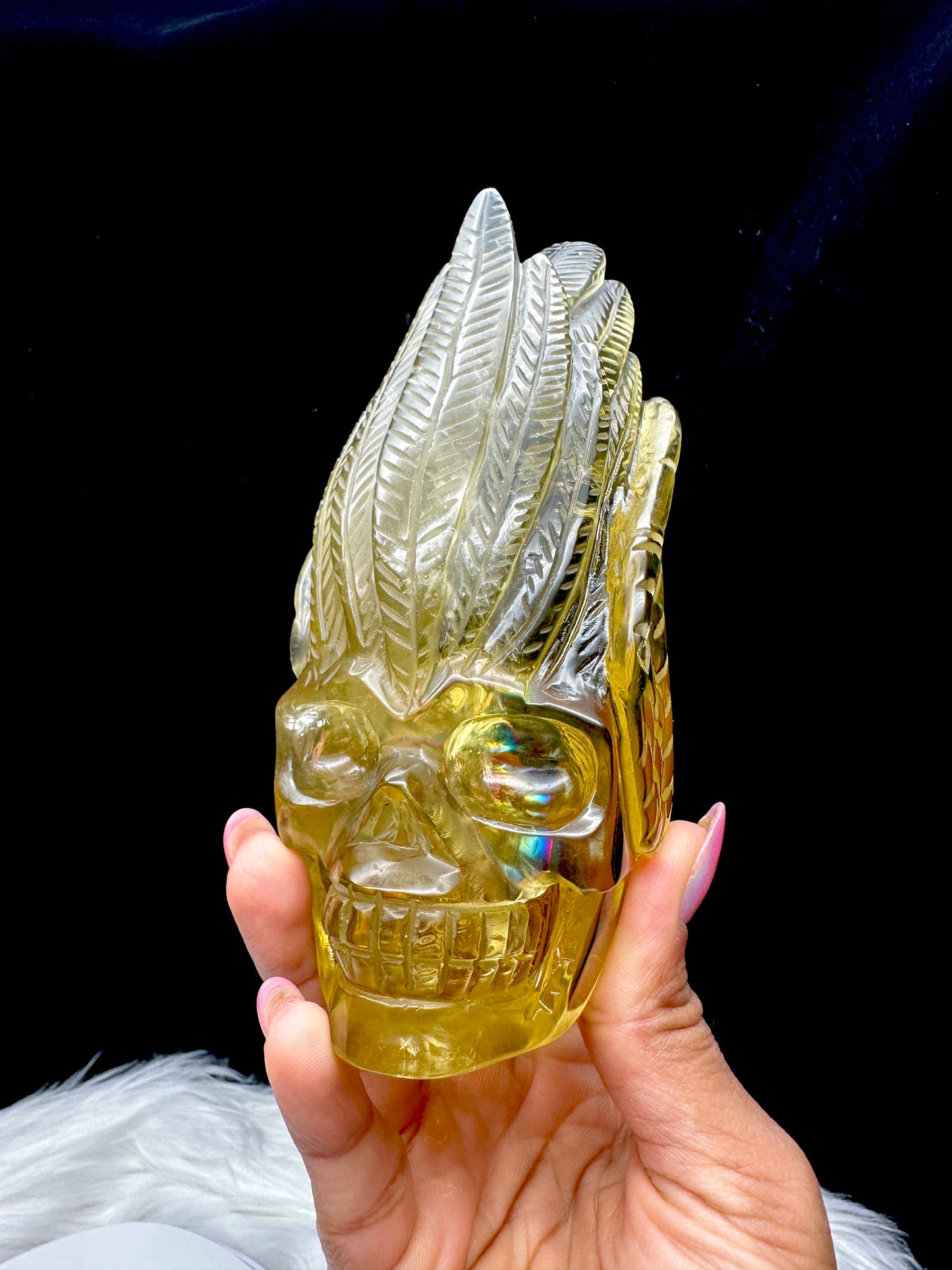 Rainbow-Filled High-Quality Citrine Feather Head Carved Skull – 5 Inches, 725g