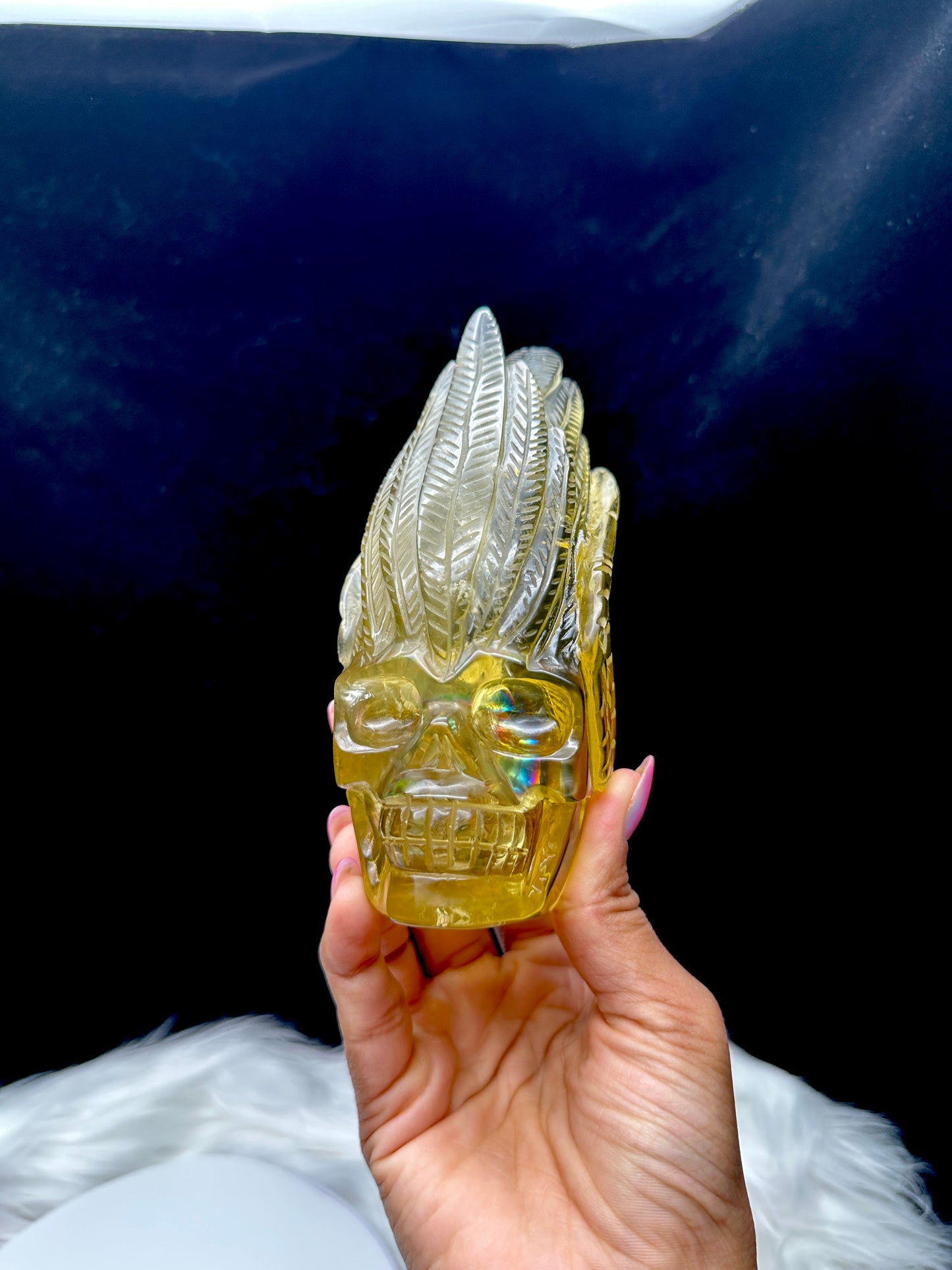 Rainbow-Filled High-Quality Citrine Feather Head Carved Skull – 5 Inches, 725g