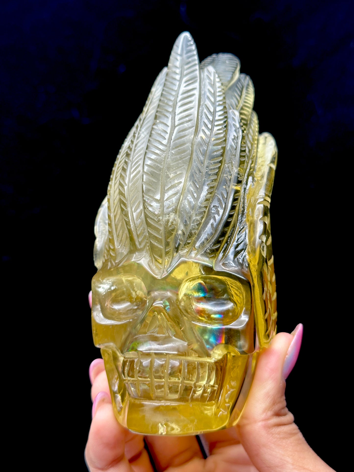 Rainbow-Filled High-Quality Citrine Feather Head Carved Skull – 5 Inches, 725g