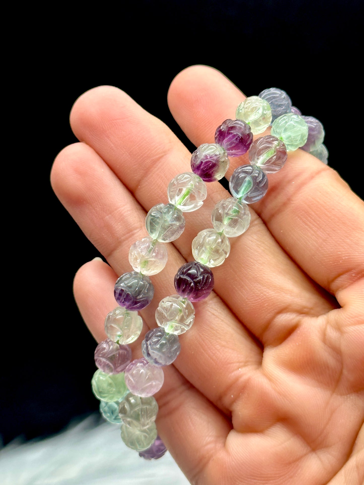 High-Quality Fluorite Crystal Bracelet with Lotus Carved Beads - Experience the Healing Energy