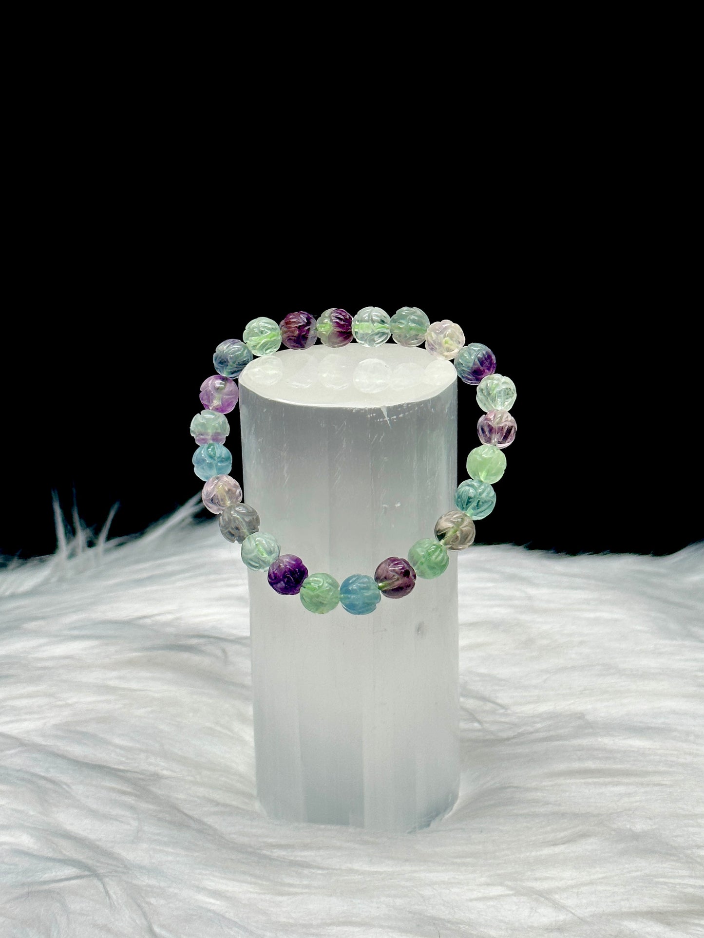 High-Quality Fluorite Crystal Bracelet with Lotus Carved Beads - Experience the Healing Energy