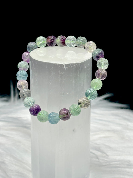 High-Quality Fluorite Crystal Bracelet with Lotus Carved Beads - Experience the Healing Energy