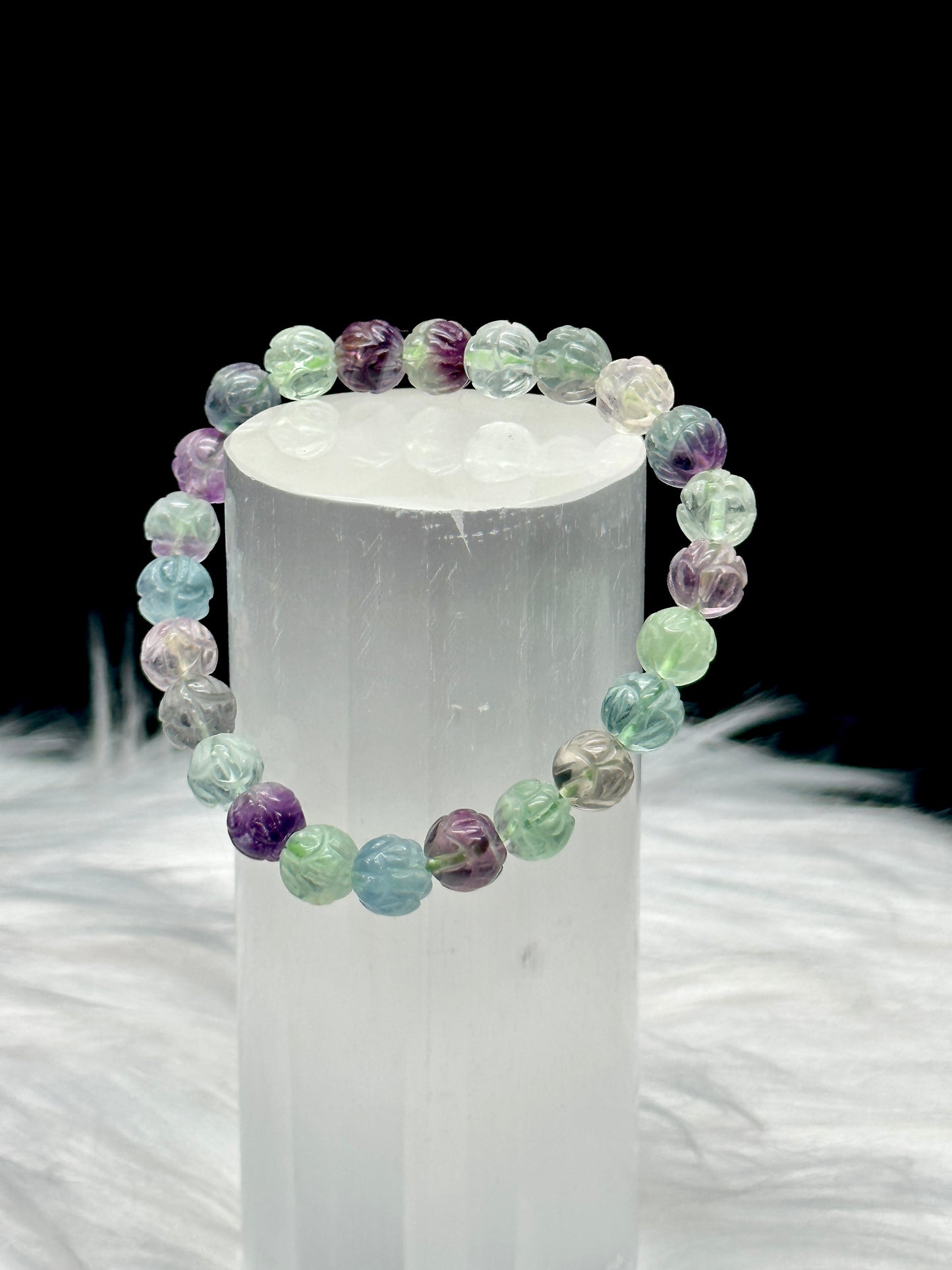 High-Quality Fluorite Crystal Bracelet with Lotus Carved Beads - Experience the Healing Energy