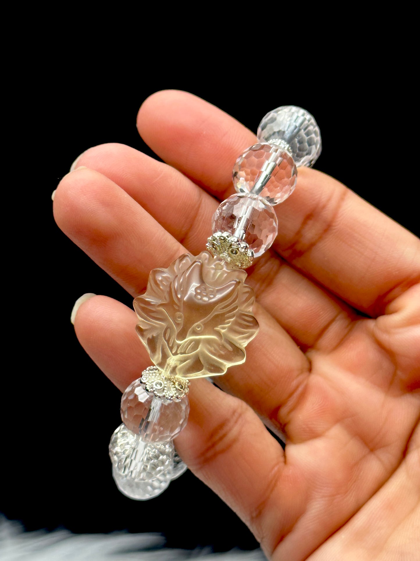 High-Quality Clear Quartz Crystal Bracelet featuring a Carved Citrine Nine-Tail Fox Centerpiece - 12mm Beads, Stretchable Cord