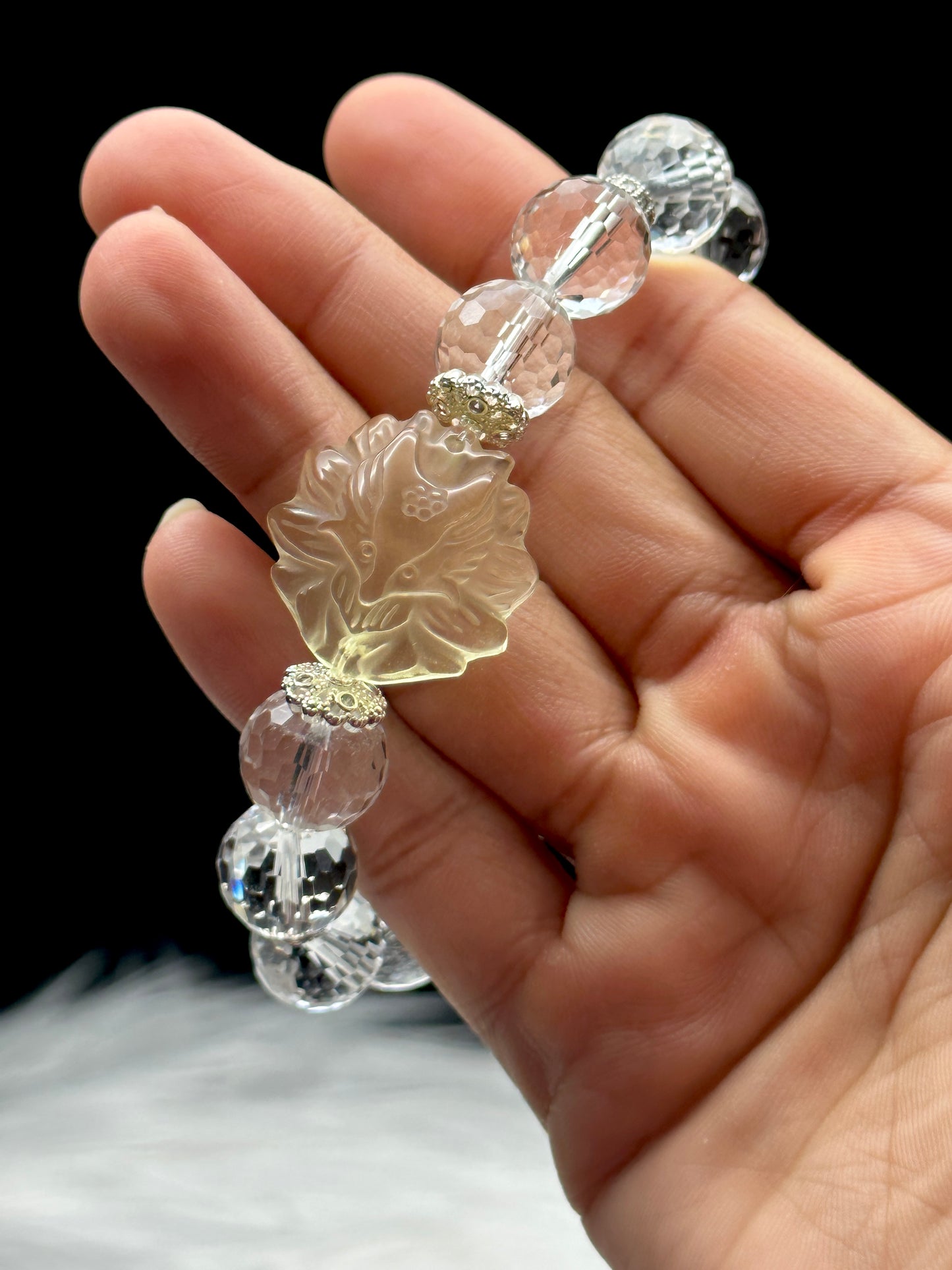 High-Quality Clear Quartz Crystal Bracelet featuring a Carved Citrine Nine-Tail Fox Centerpiece - 12mm Beads, Stretchable Cord