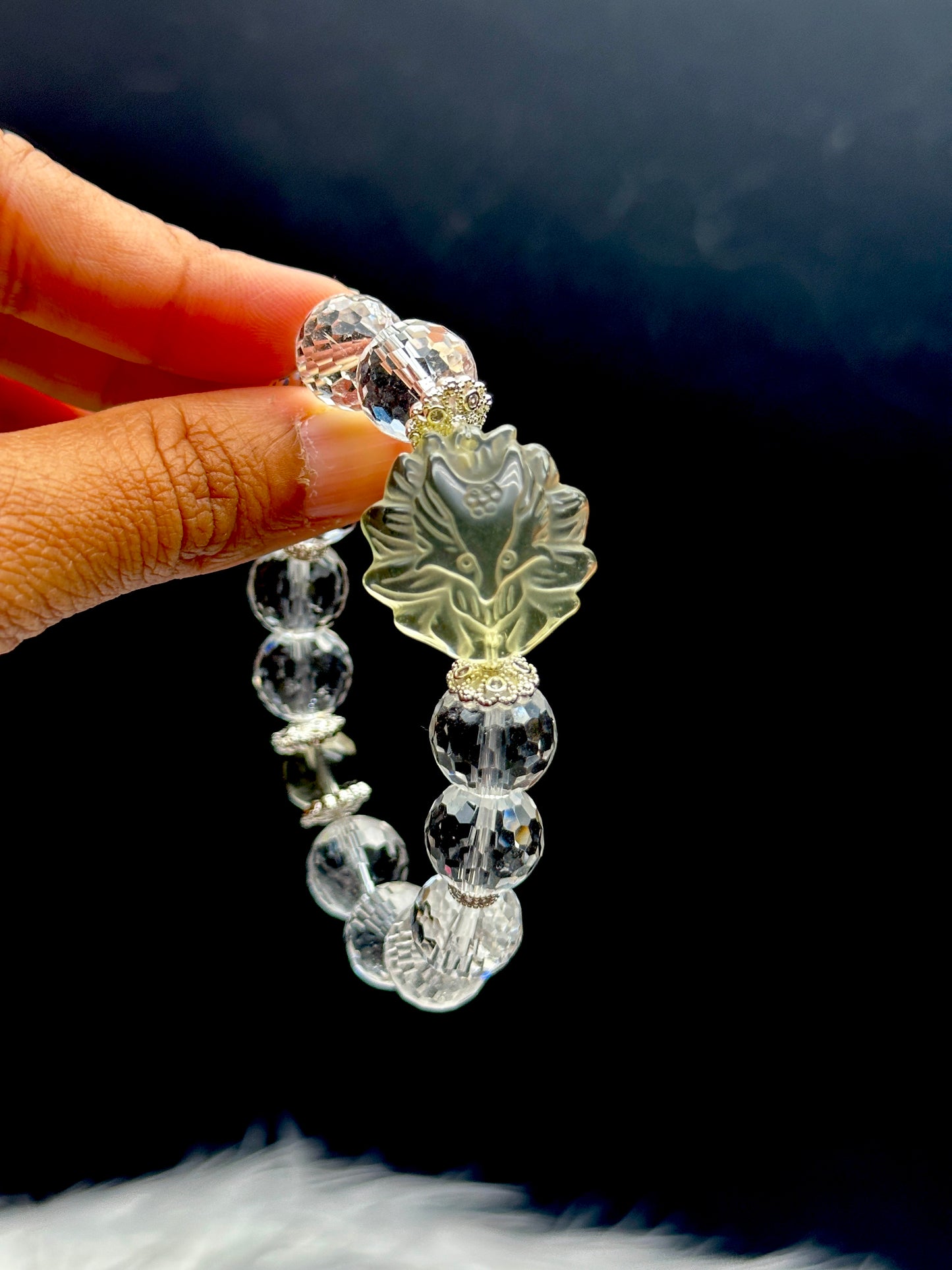 High-Quality Clear Quartz Crystal Bracelet featuring a Carved Citrine Nine-Tail Fox Centerpiece - 12mm Beads, Stretchable Cord