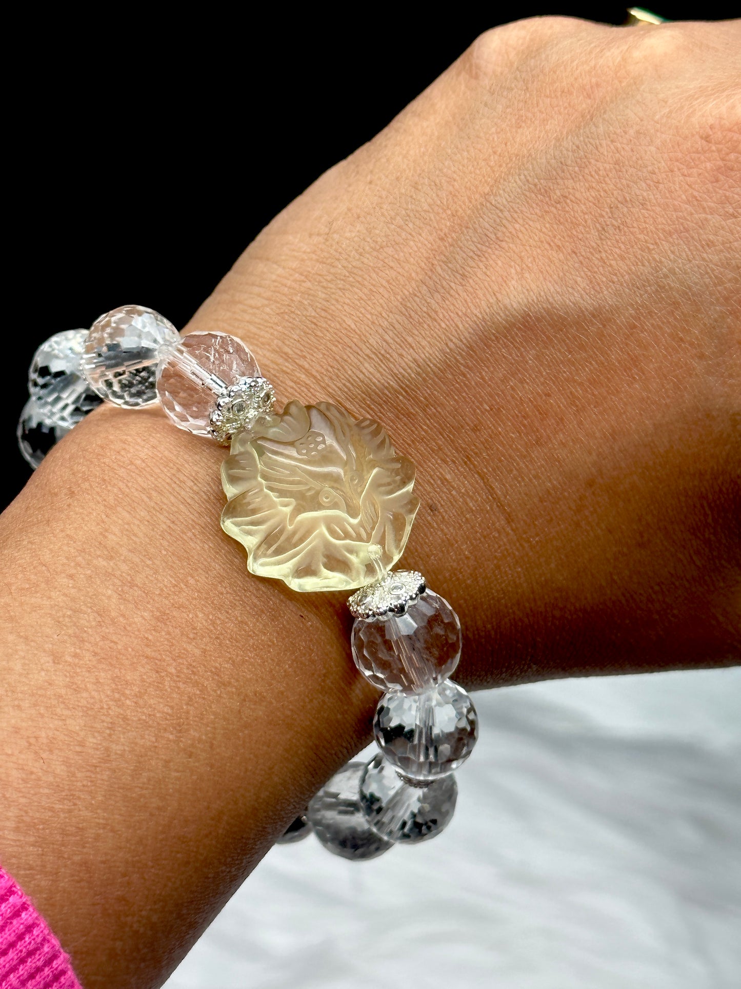 High-Quality Clear Quartz Crystal Bracelet featuring a Carved Citrine Nine-Tail Fox Centerpiece - 12mm Beads, Stretchable Cord