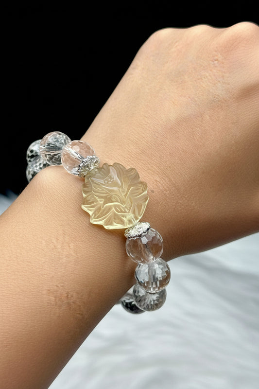 High-Quality Clear Quartz Crystal Bracelet featuring a Carved Citrine Nine-Tail Fox Centerpiece - 12mm Beads, Stretchable Cord