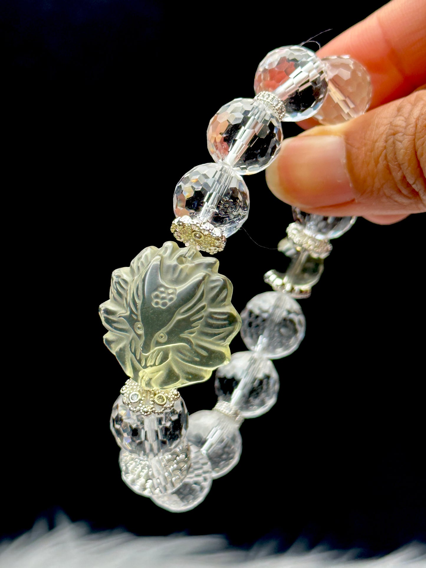 High-Quality Clear Quartz Crystal Bracelet featuring a Carved Citrine Nine-Tail Fox Centerpiece - 12mm Beads, Stretchable Cord