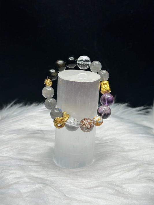 Amethyst, Labradorite, Ritualized Quartz, Clear Quartz Crystal Bracelet with Sterling Silver Charm