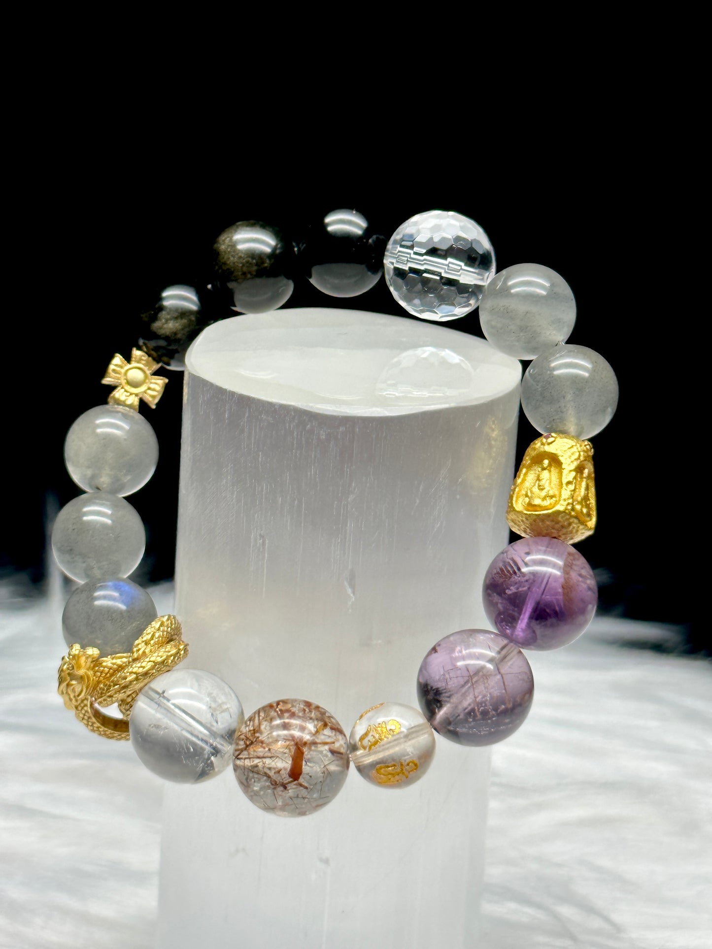 Amethyst, Labradorite, Ritualized Quartz, Clear Quartz Crystal Bracelet with Sterling Silver Charm