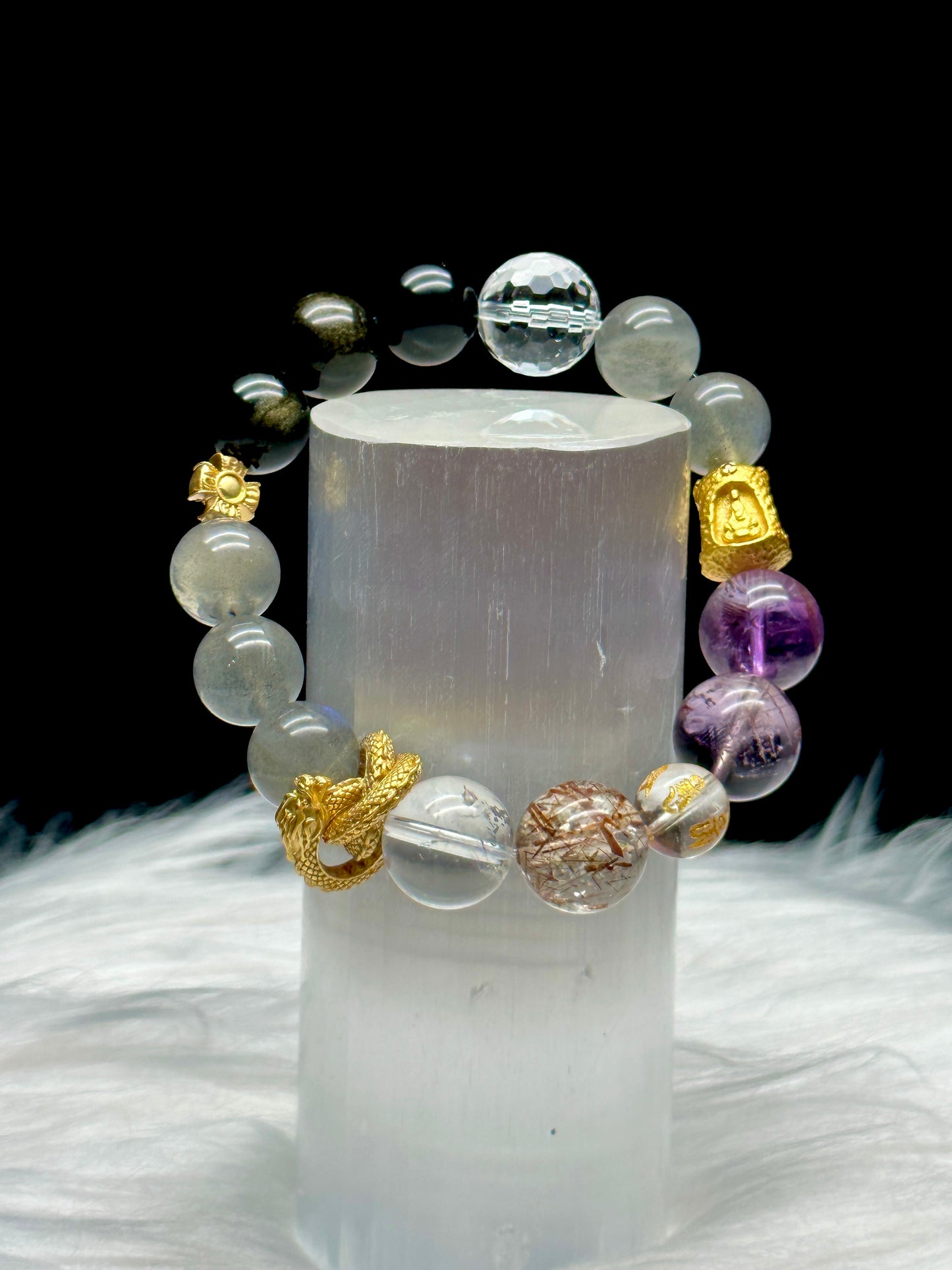 Amethyst, Labradorite, Ritualized Quartz, Clear Quartz Crystal Bracelet with Sterling Silver Charm