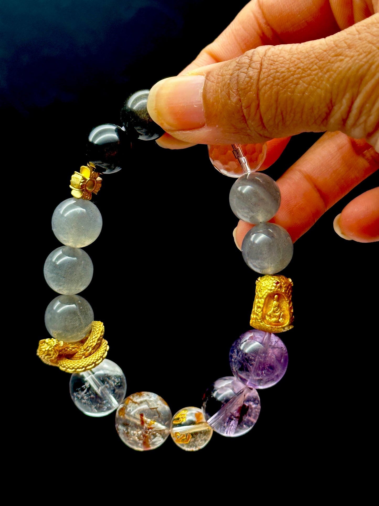 Amethyst, Labradorite, Ritualized Quartz, Clear Quartz Crystal Bracelet with Sterling Silver Charm