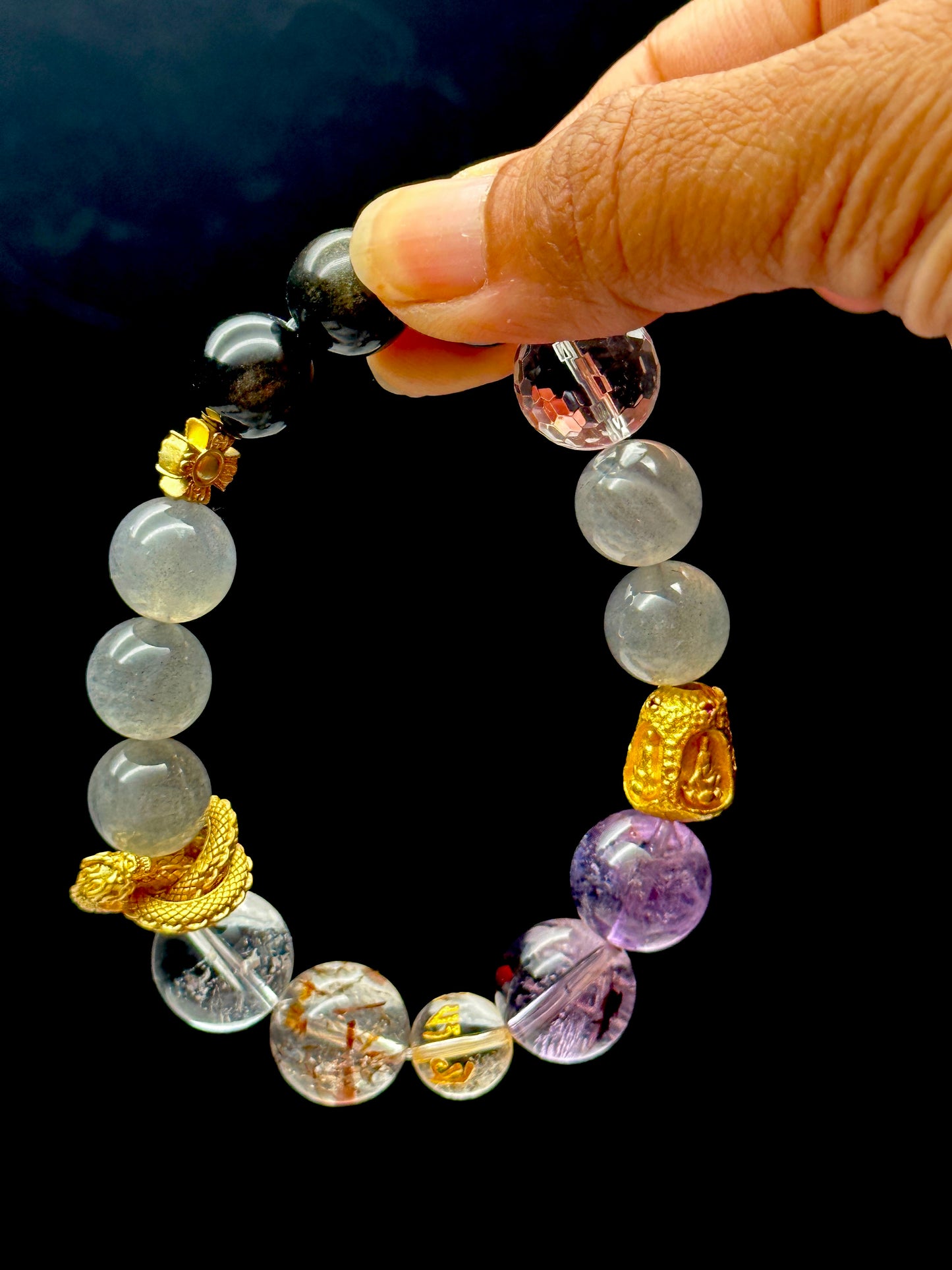 Amethyst, Labradorite, Ritualized Quartz, Clear Quartz Crystal Bracelet with Sterling Silver Charm