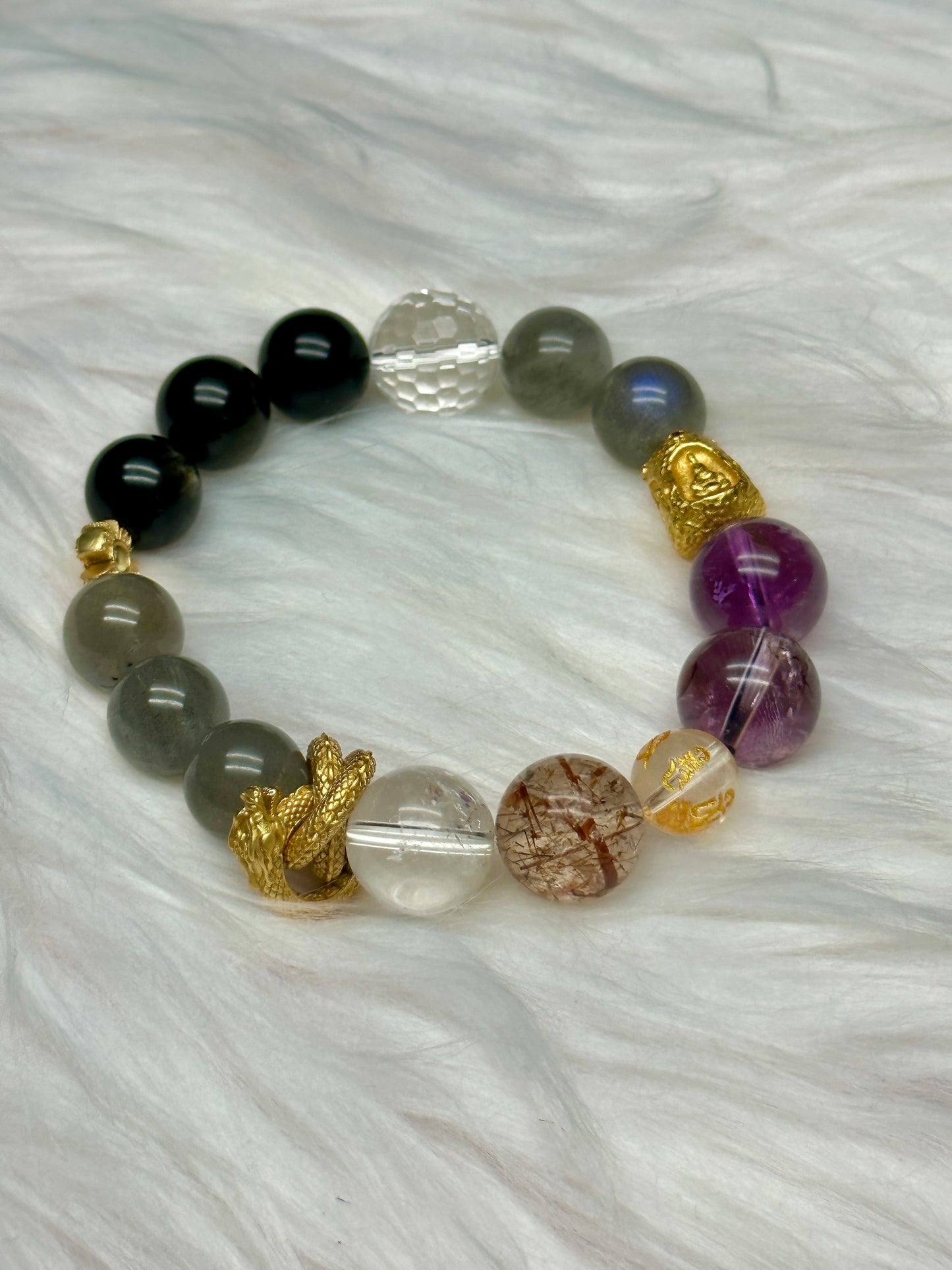 Amethyst, Labradorite, Ritualized Quartz, Clear Quartz Crystal Bracelet with Sterling Silver Charm