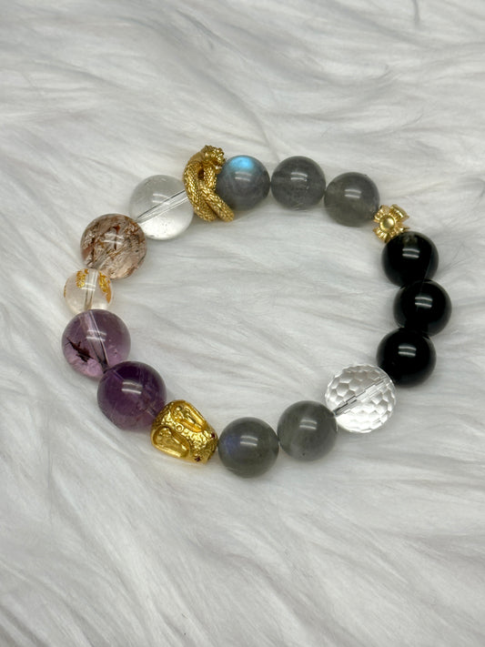 Amethyst, Labradorite, Ritualized Quartz, Clear Quartz Crystal Bracelet with Sterling Silver Charm