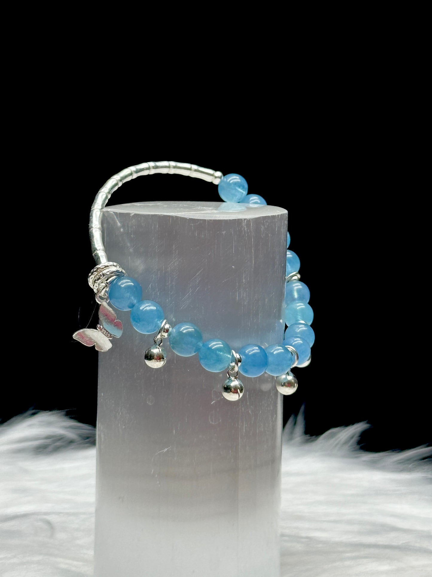 High-Quality Aquamarine Crystal Bracelet with Sterling Silver Butterfly Charms - Harness the Healing Energy