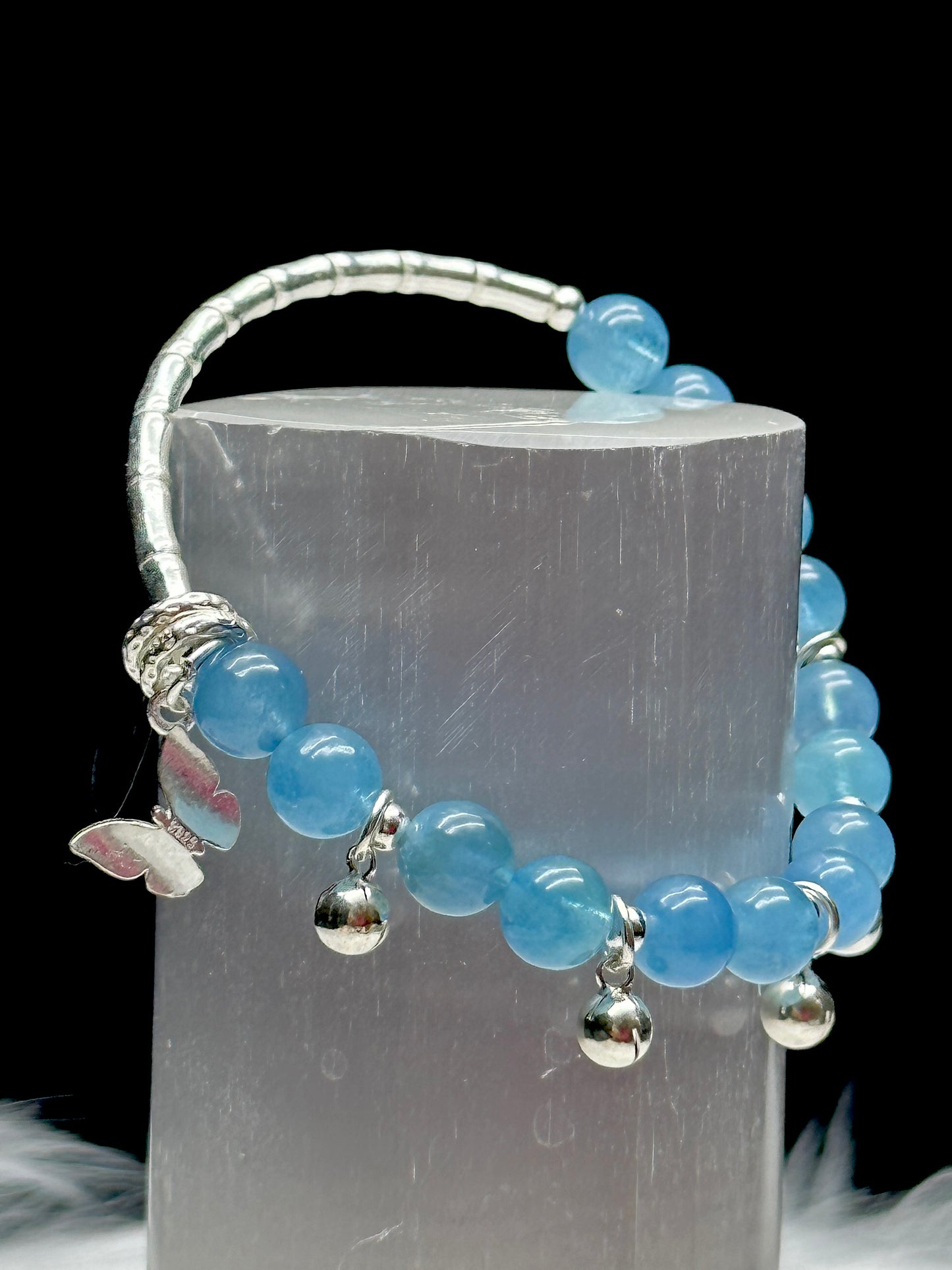 High-Quality Aquamarine Crystal Bracelet with Sterling Silver Butterfly Charms - Harness the Healing Energy