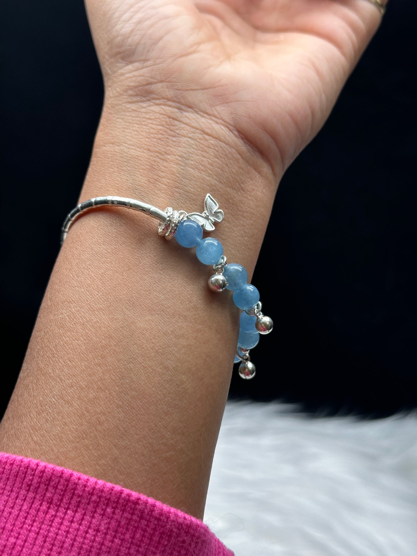 High-Quality Aquamarine Crystal Bracelet with Sterling Silver Butterfly Charms - Harness the Healing Energy