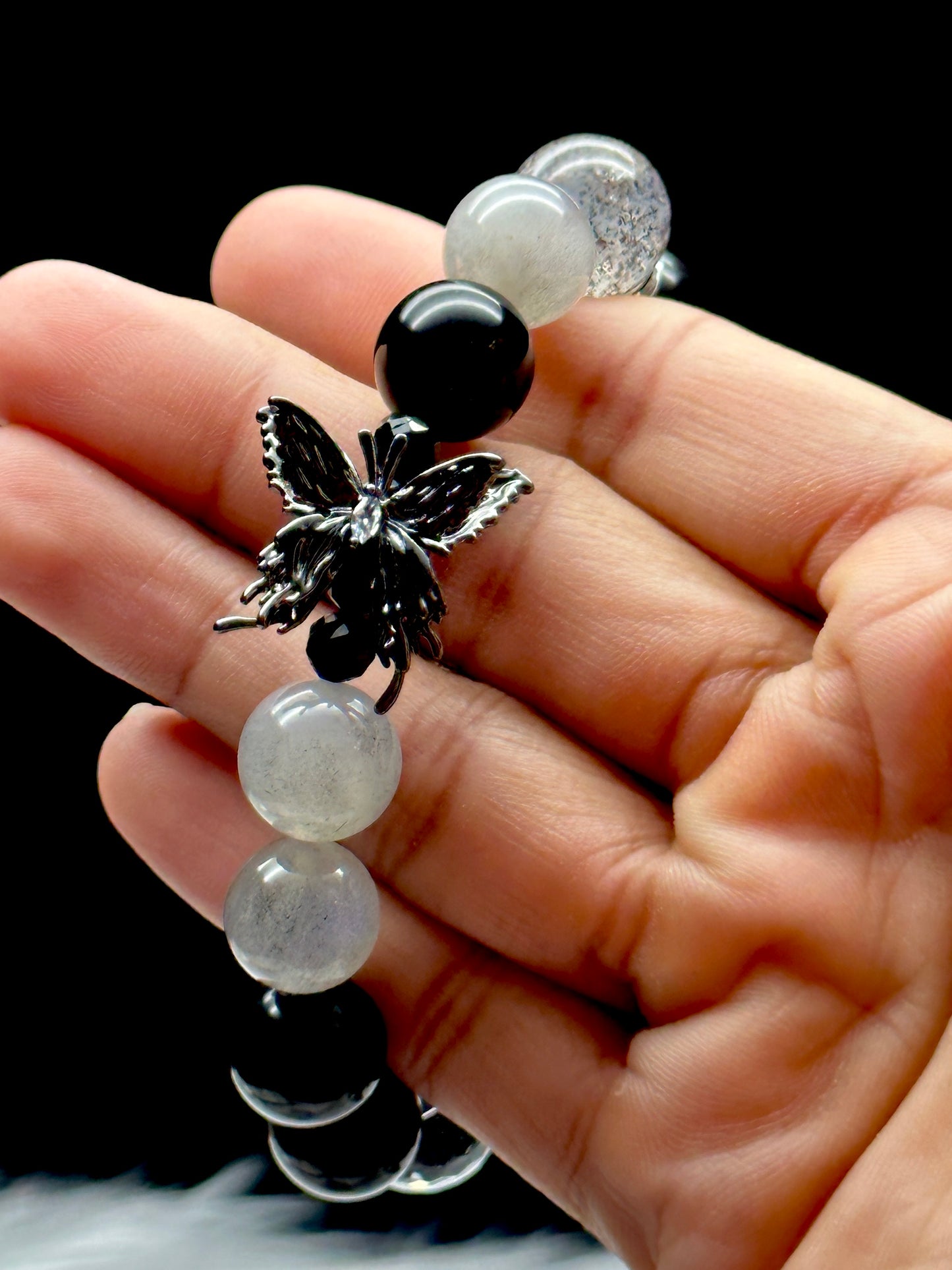 Labradorite, Black Mica, Silver Sheen Obsidian, and Clear Quartz Crystal Bracelet with Butterfly Accent - 12mm Beads for Healing Energy