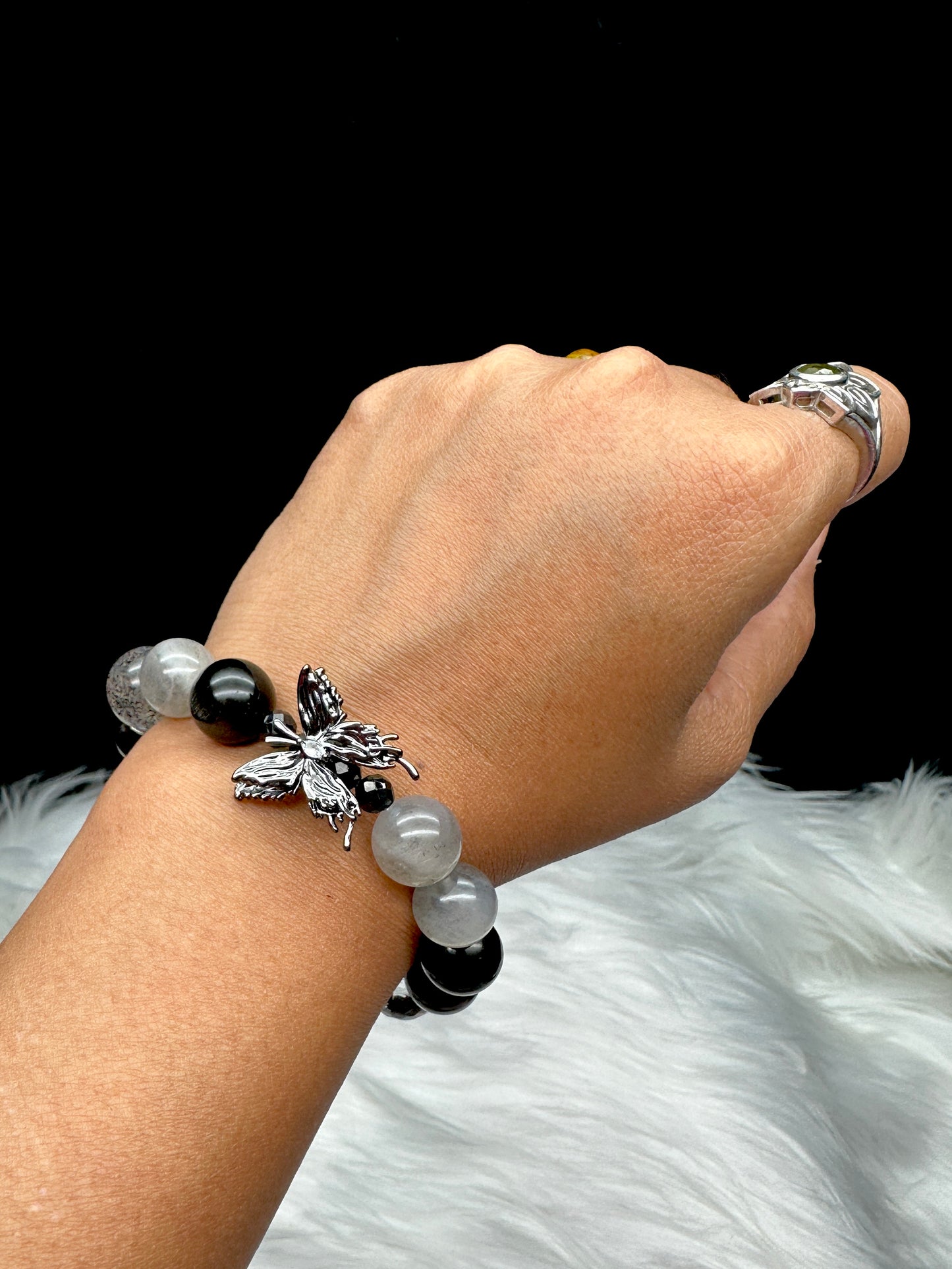 Labradorite, Black Mica, Silver Sheen Obsidian, and Clear Quartz Crystal Bracelet with Butterfly Accent - 12mm Beads for Healing Energy