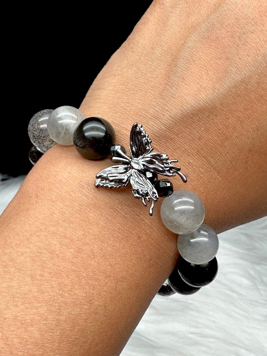 Labradorite, Black Mica, Silver Sheen Obsidian, and Clear Quartz Crystal Bracelet with Butterfly Accent - 12mm Beads for Healing Energy