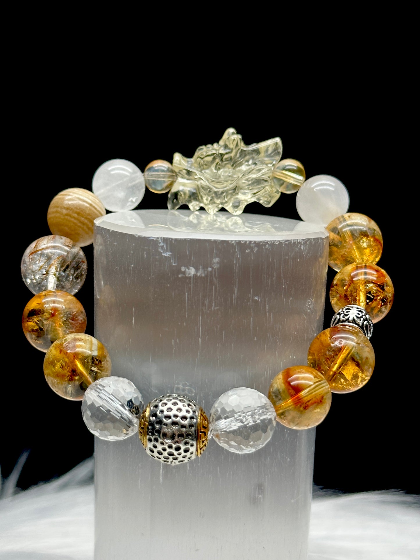 Zambian Citrine, Rutilated Quartz, and Clear Quartz Crystal Bracelet with citrine dragon center piece - Handpicked for You!