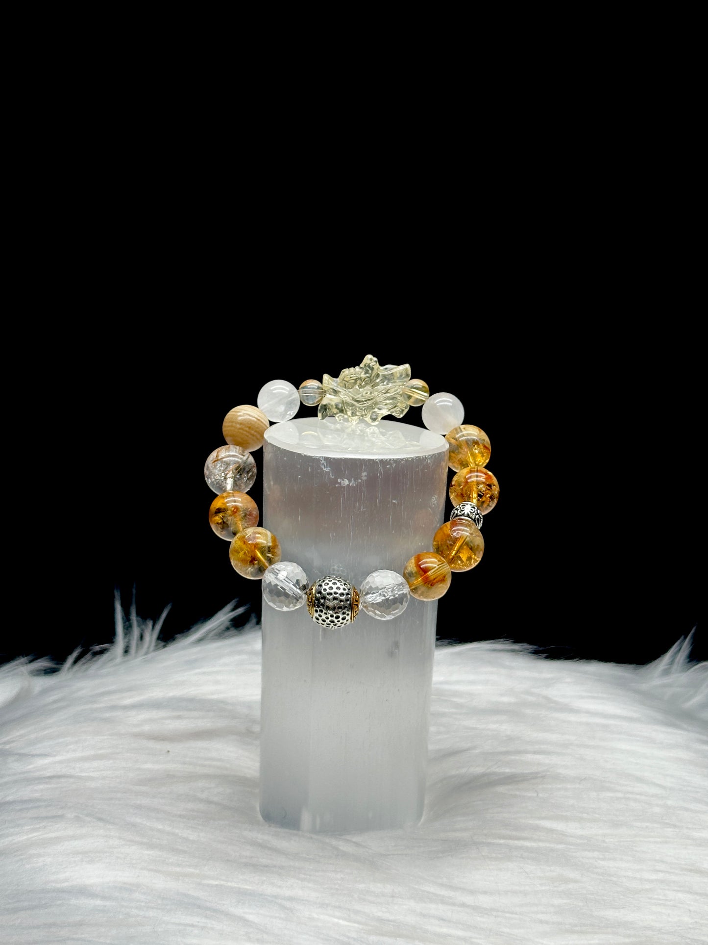 Zambian Citrine, Rutilated Quartz, and Clear Quartz Crystal Bracelet with citrine dragon center piece - Handpicked for You!