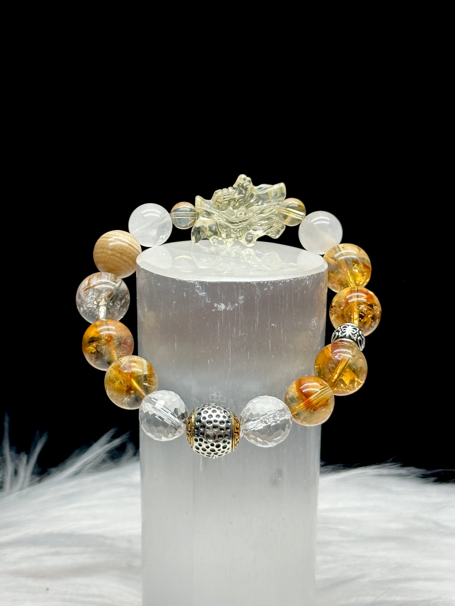 Zambian Citrine, Rutilated Quartz, and Clear Quartz Crystal Bracelet with citrine dragon center piece - Handpicked for You!