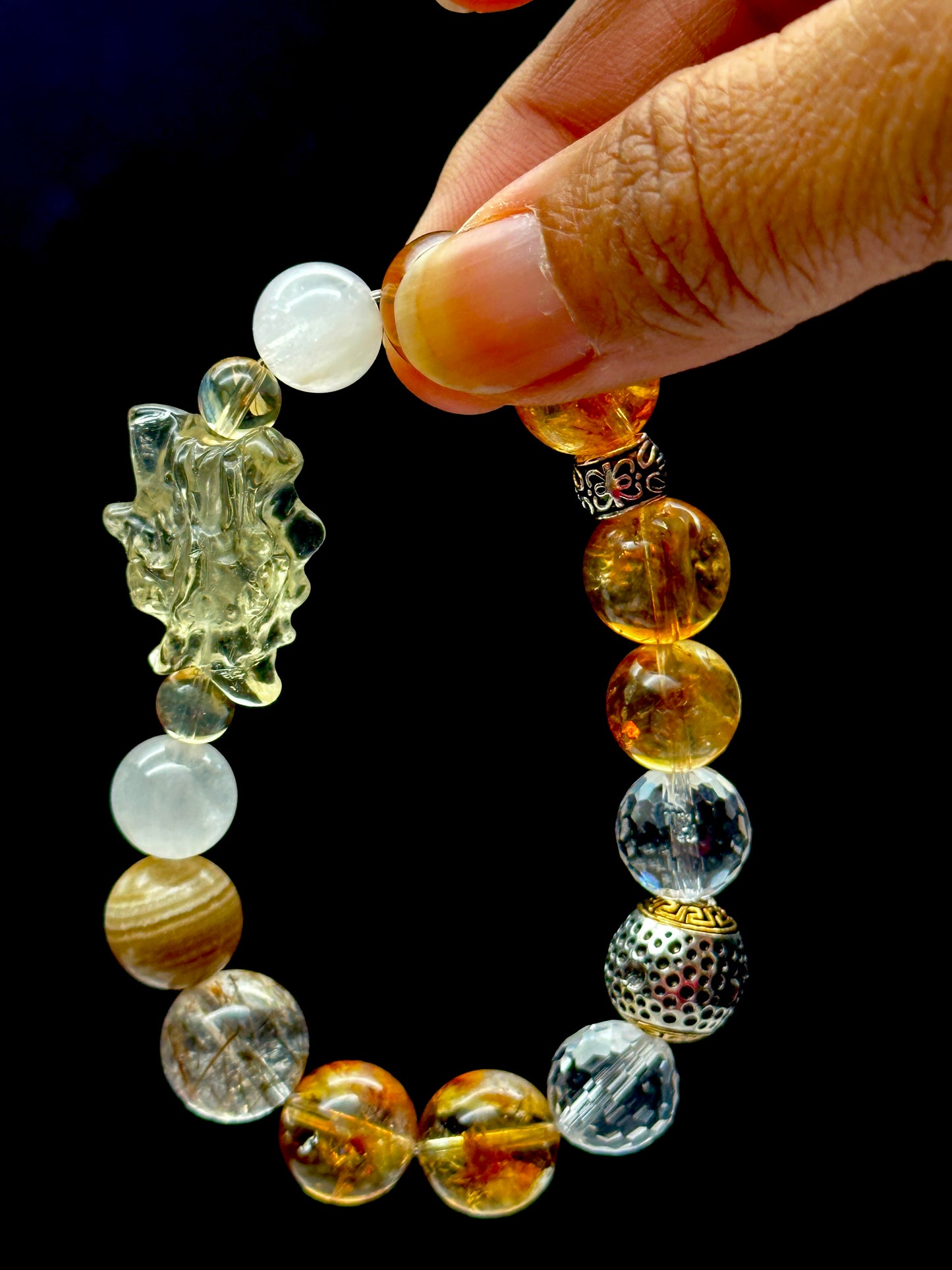 Zambian Citrine, Rutilated Quartz, and Clear Quartz Crystal Bracelet with citrine dragon center piece - Handpicked for You!