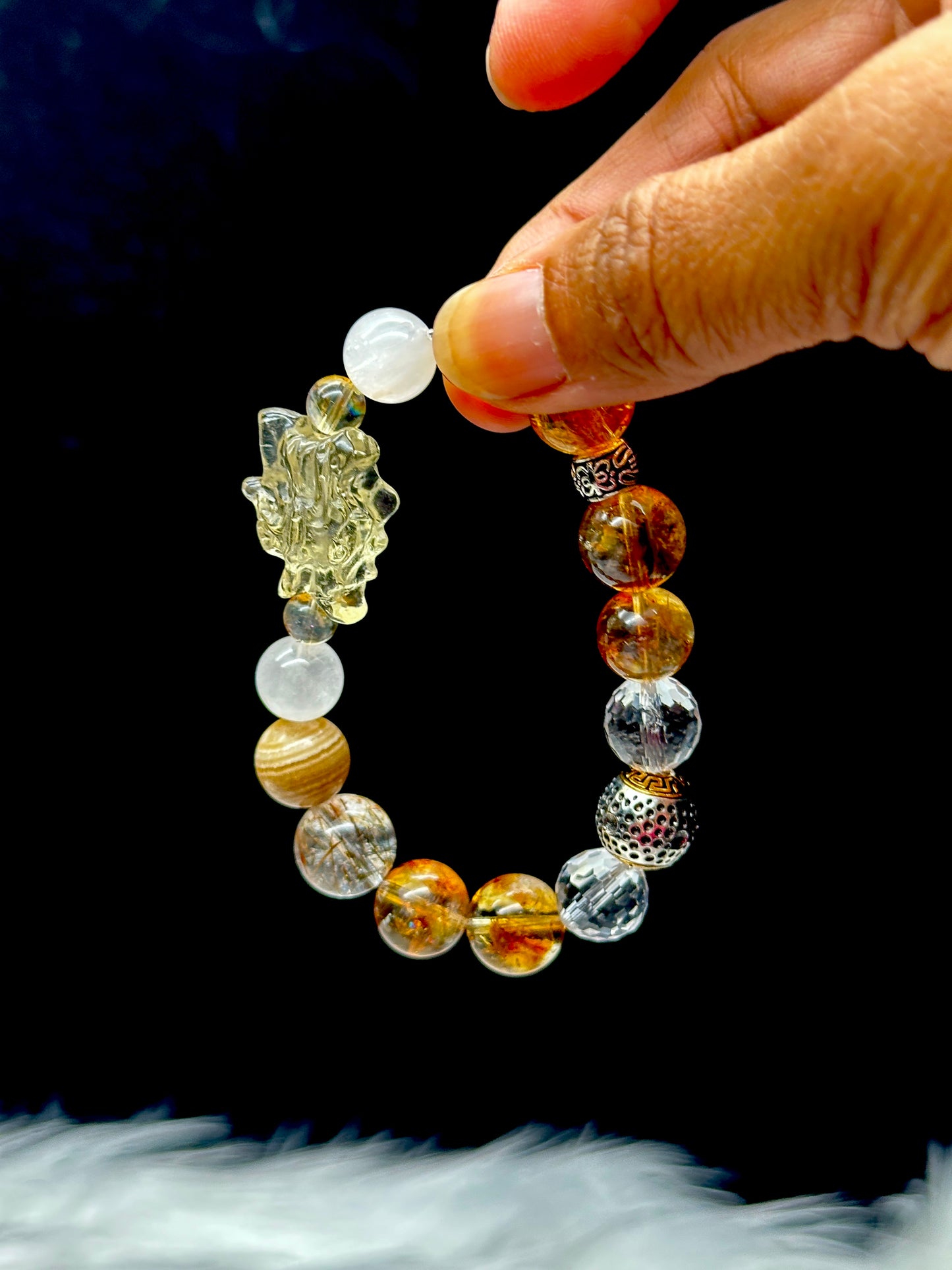 Zambian Citrine, Rutilated Quartz, and Clear Quartz Crystal Bracelet with citrine dragon center piece - Handpicked for You!