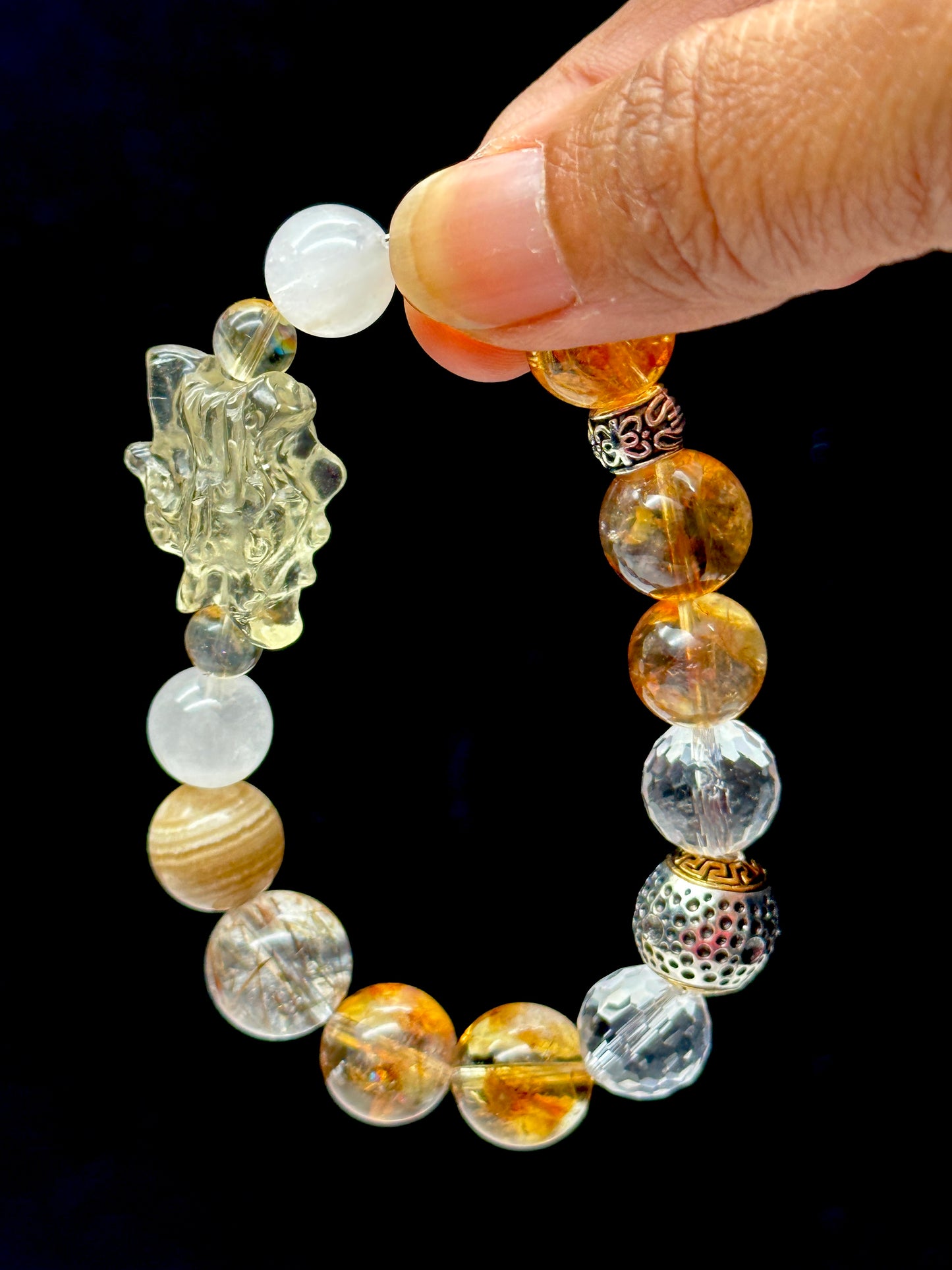 Zambian Citrine, Rutilated Quartz, and Clear Quartz Crystal Bracelet with citrine dragon center piece - Handpicked for You!