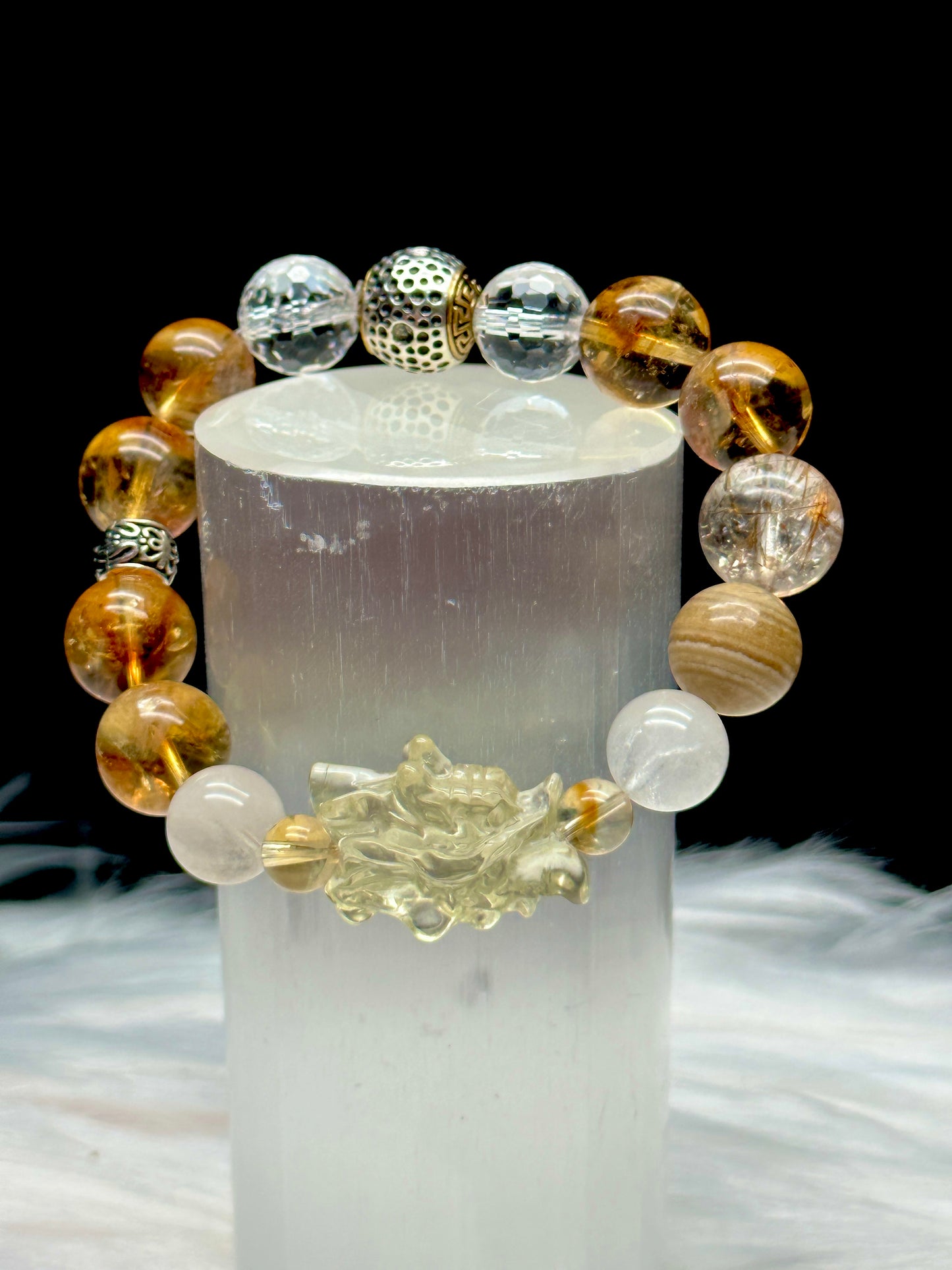 Zambian Citrine, Rutilated Quartz, and Clear Quartz Crystal Bracelet with citrine dragon center piece - Handpicked for You!