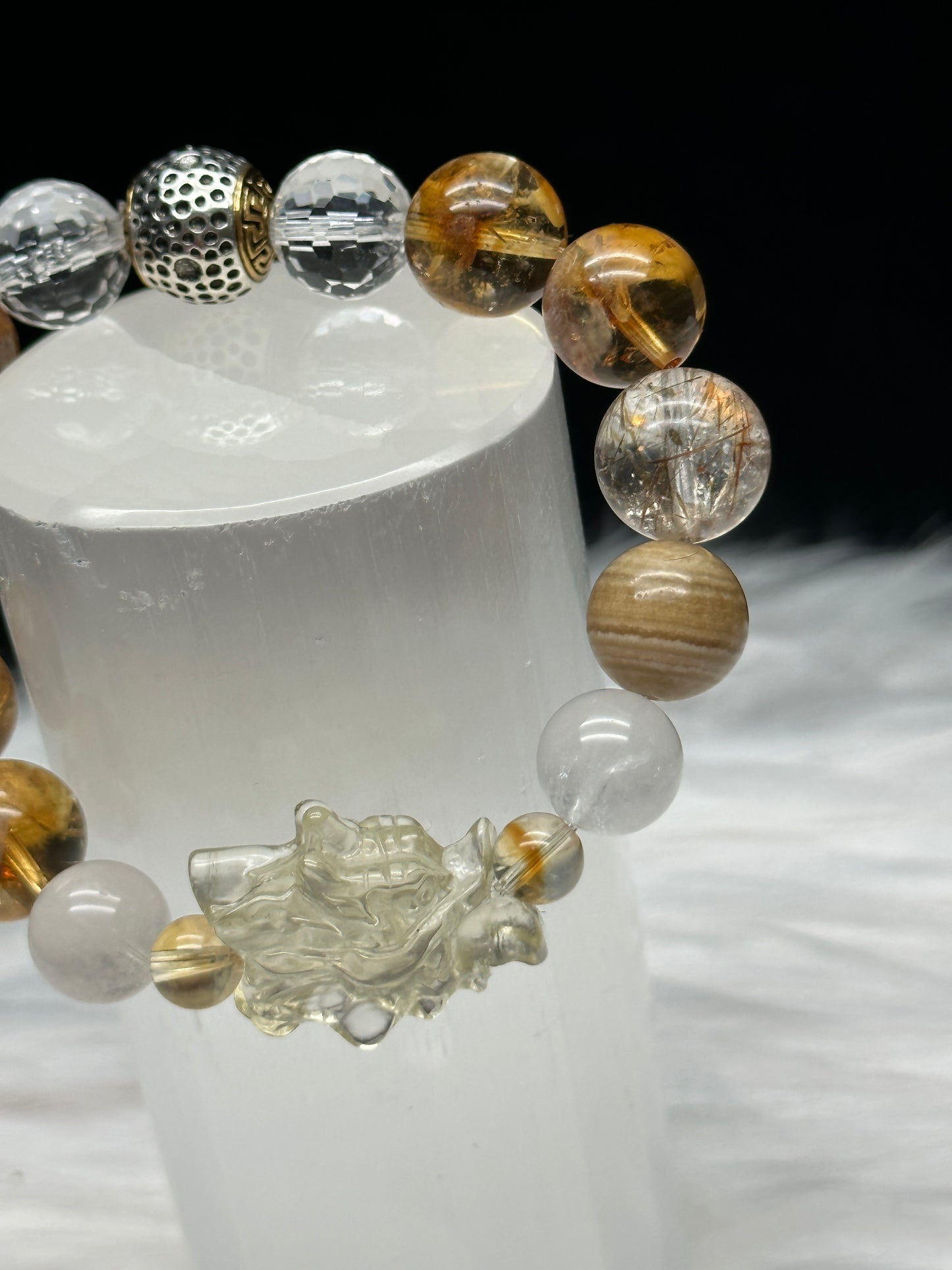 Zambian Citrine, Rutilated Quartz, and Clear Quartz Crystal Bracelet with citrine dragon center piece - Handpicked for You!