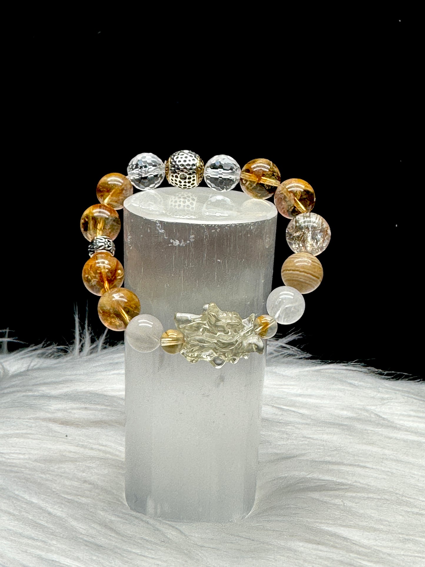 Zambian Citrine, Rutilated Quartz, and Clear Quartz Crystal Bracelet with citrine dragon center piece - Handpicked for You!