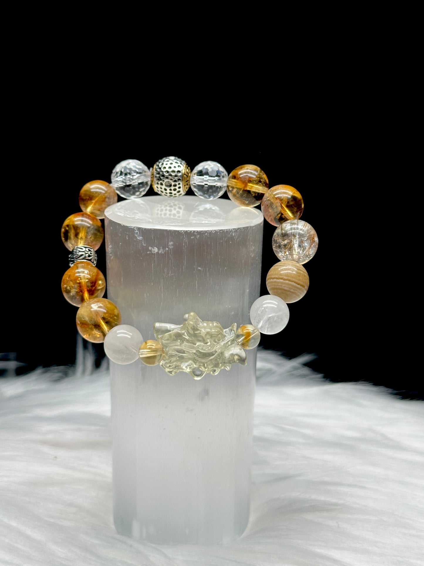 Zambian Citrine, Rutilated Quartz, and Clear Quartz Crystal Bracelet with citrine dragon center piece - Handpicked for You!