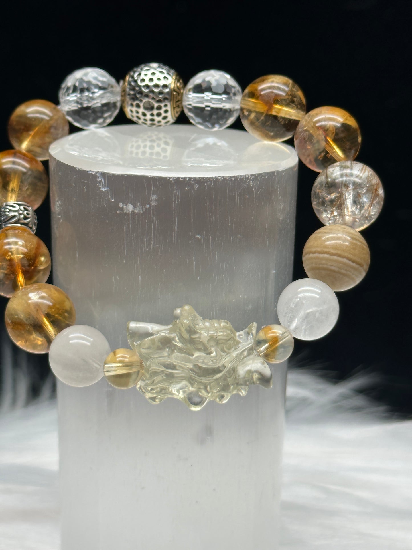 Zambian Citrine, Rutilated Quartz, and Clear Quartz Crystal Bracelet with citrine dragon center piece - Handpicked for You!