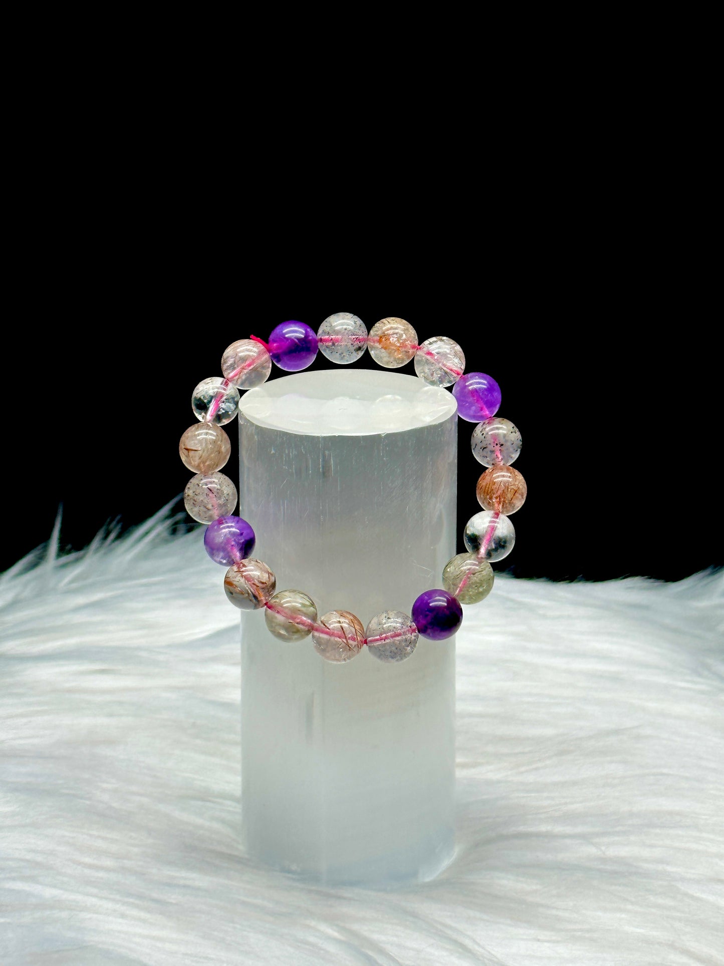 AAA+ Natural Super Seven Purple Rutilated Quartz Healing Bracelet - Crystal Healing Stretch Bracelet - 10mm Beads