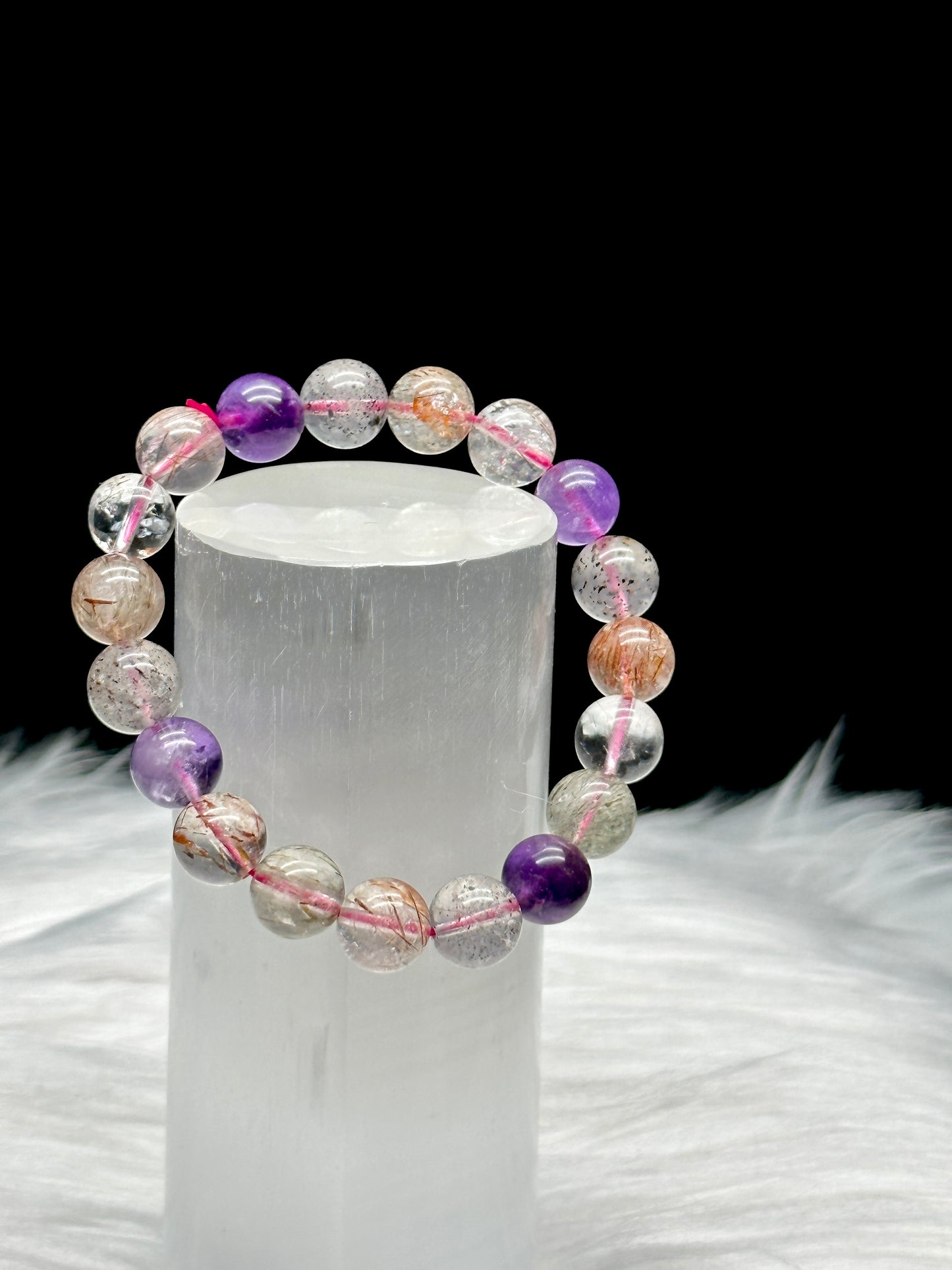 AAA+ Natural Super Seven Purple Rutilated Quartz Healing Bracelet - Crystal Healing Stretch Bracelet - 10mm Beads